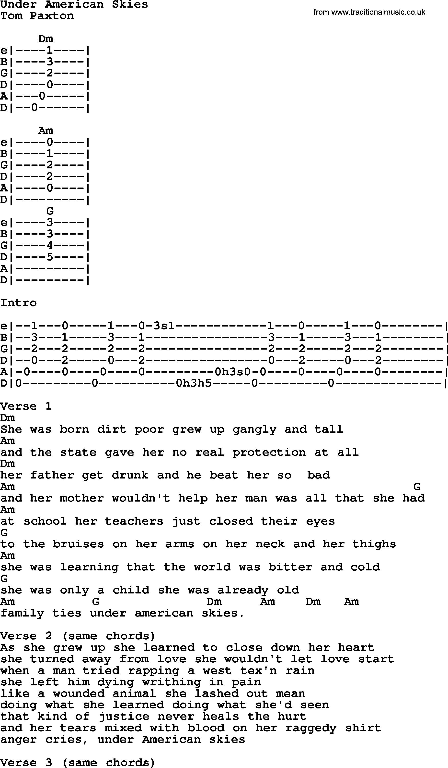 Tom Paxton song: Under American Skies, lyrics and chords