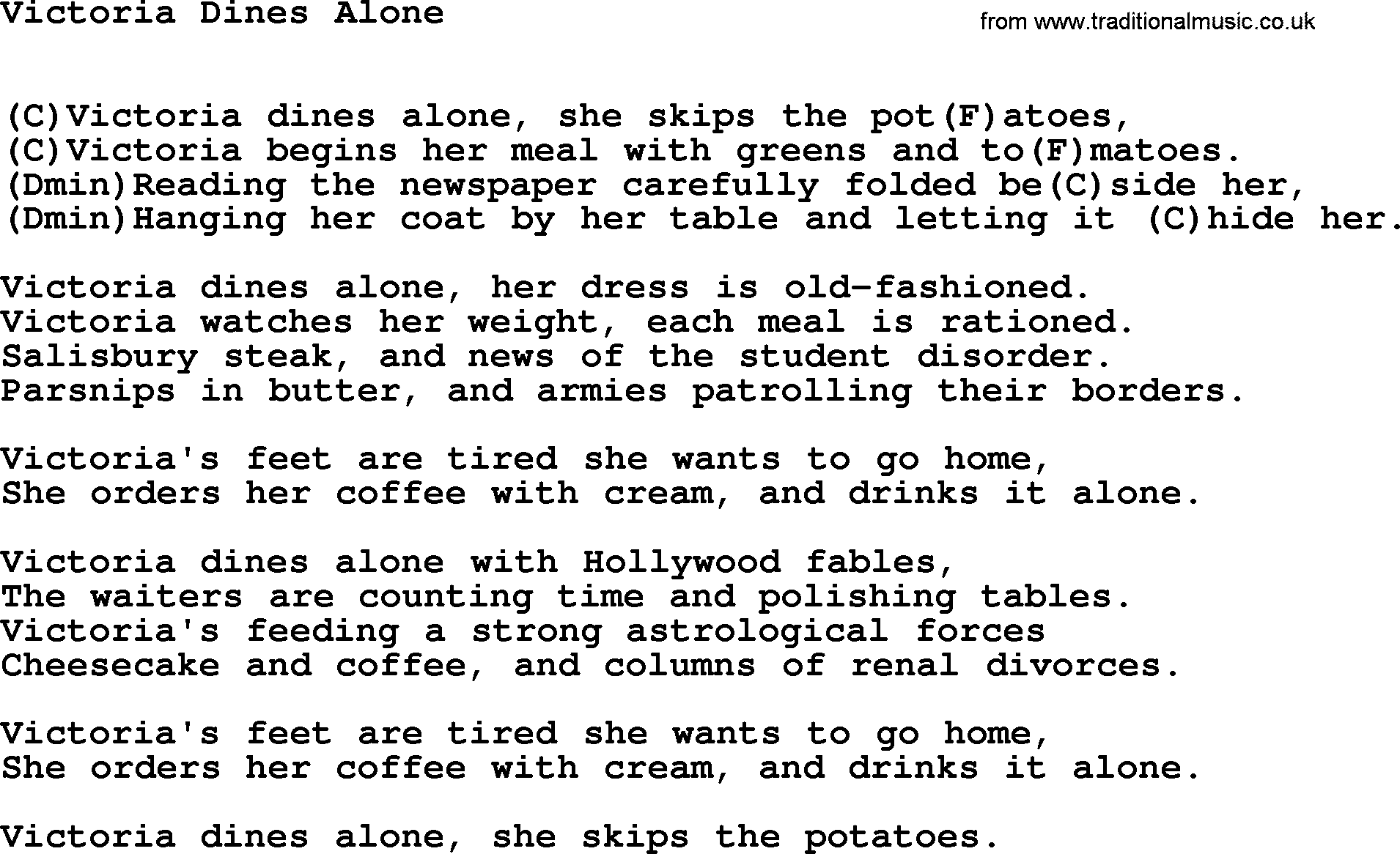 Tom Paxton song: Victoria Dines Alone, lyrics and chords