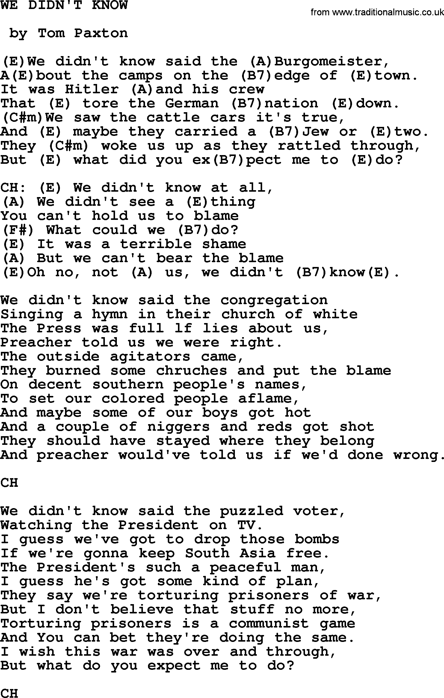 Tom Paxton song: We Didn't Know, lyrics