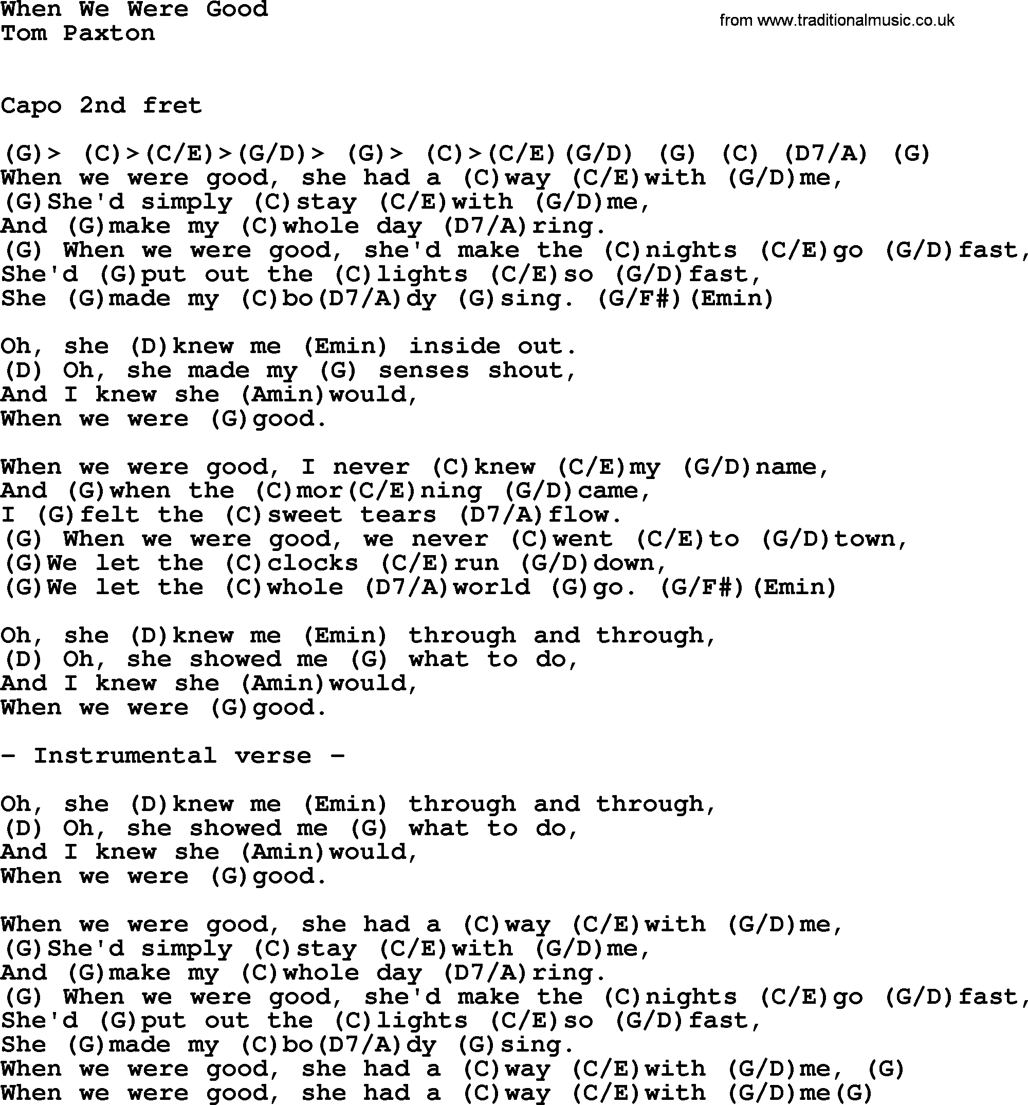 Tom Paxton song: When We Were Good, lyrics and chords