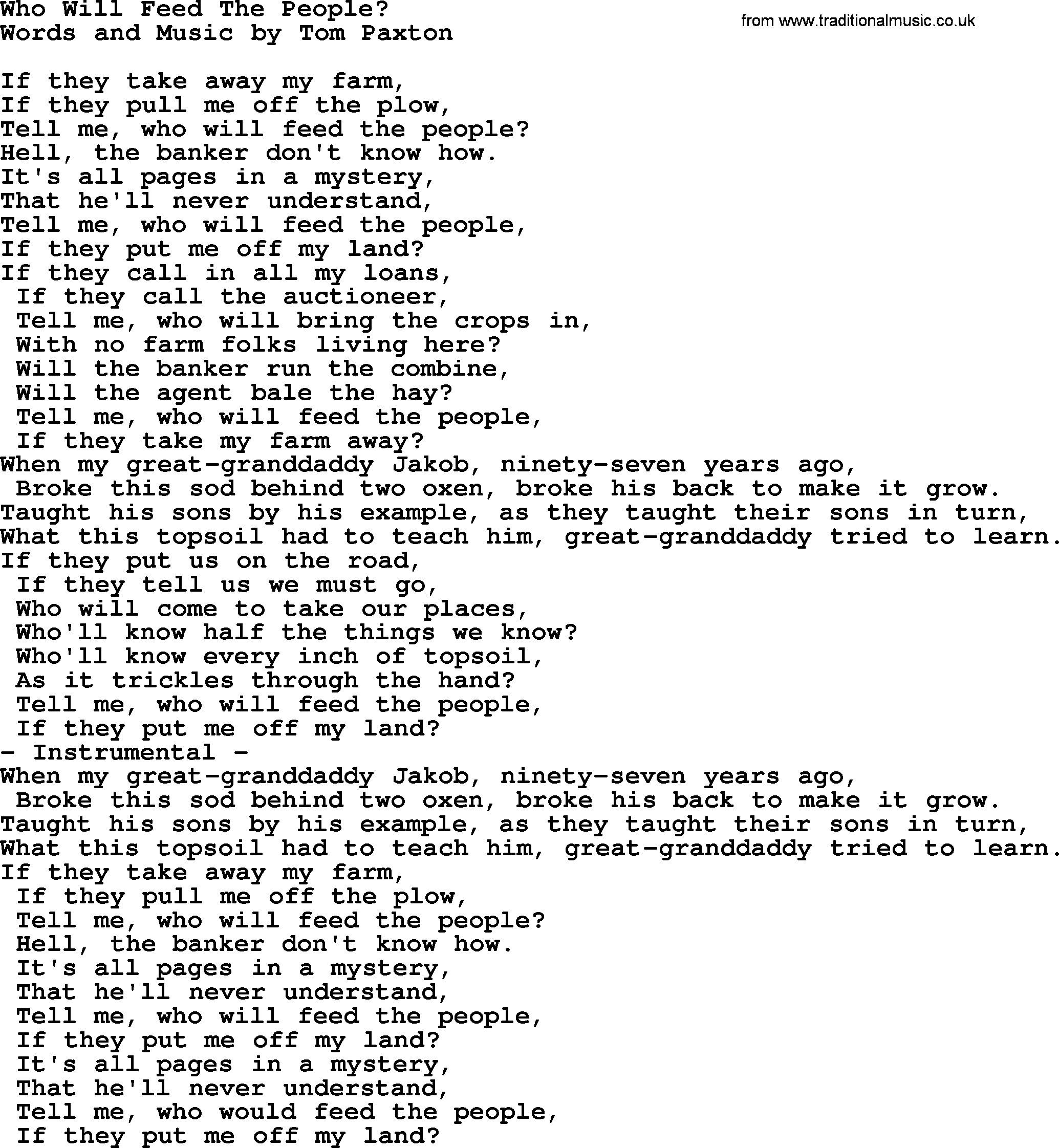 Tom Paxton song: Who Will Feed The People_, lyrics