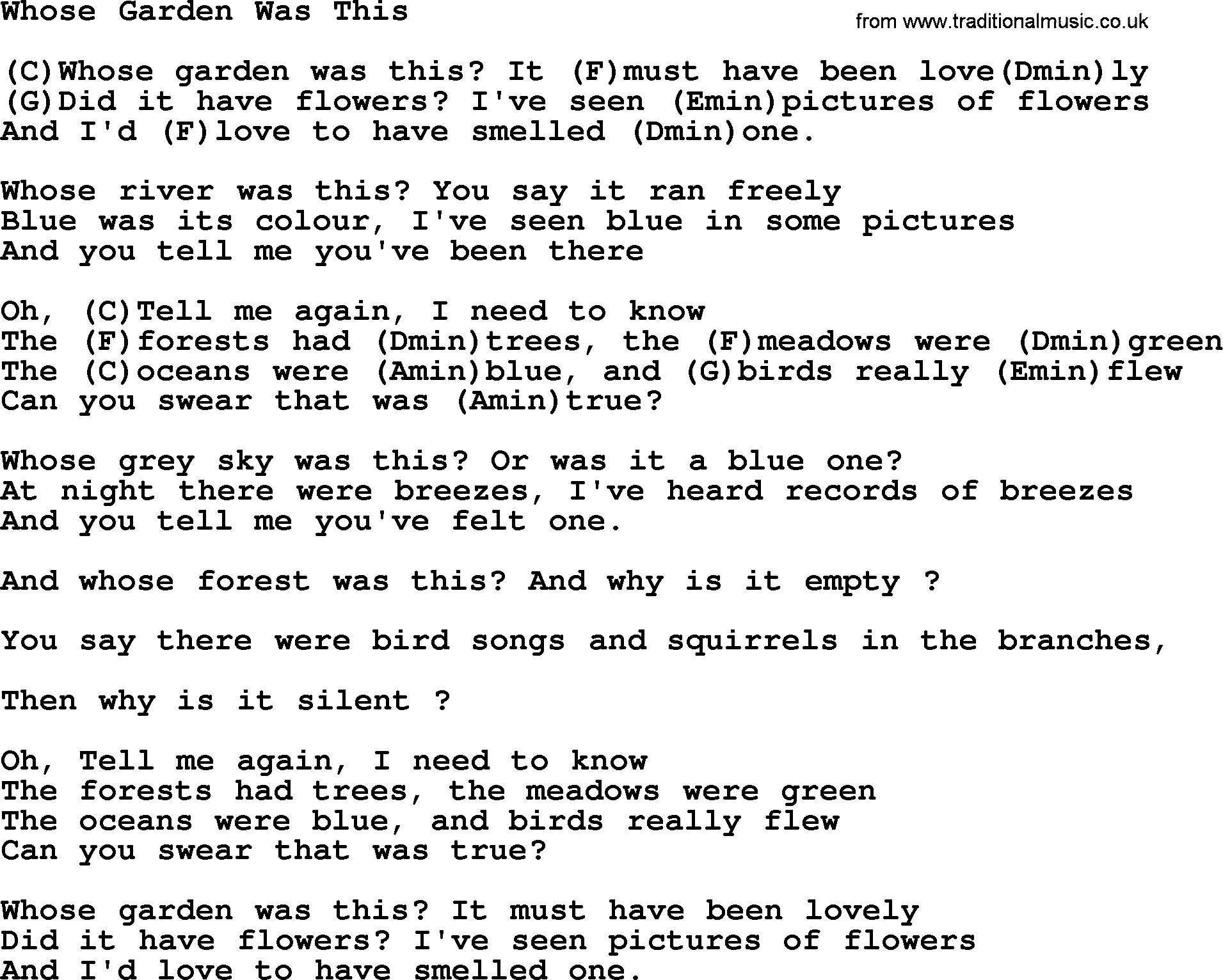 Tom Paxton song: Whose Garden Was This, lyrics and chords