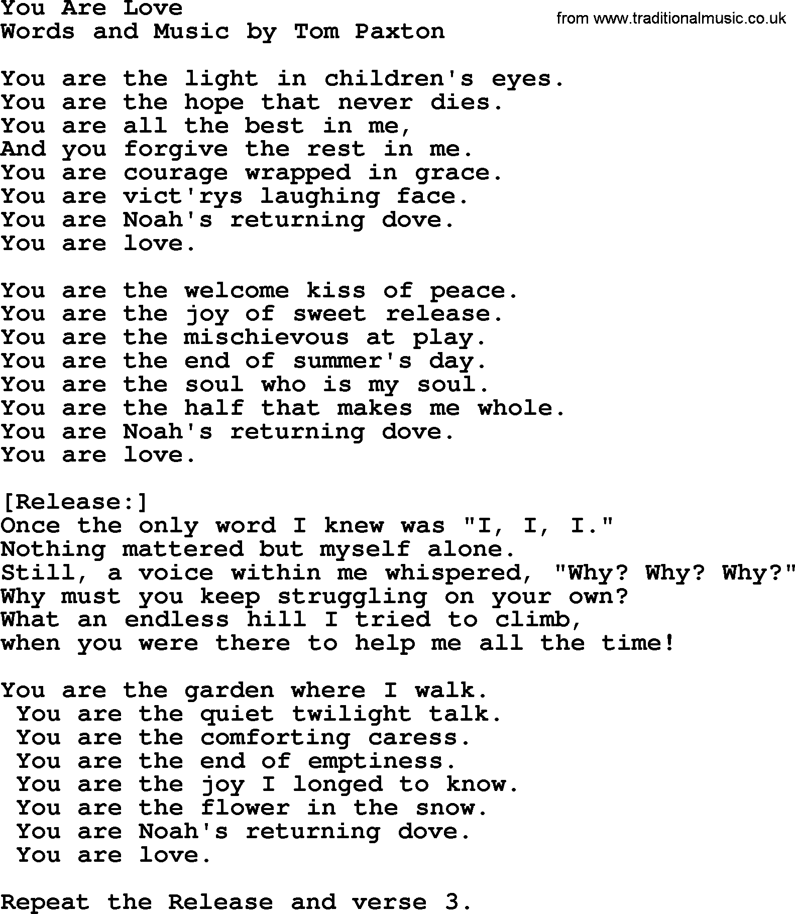 Tom Paxton song: You Are Love, lyrics