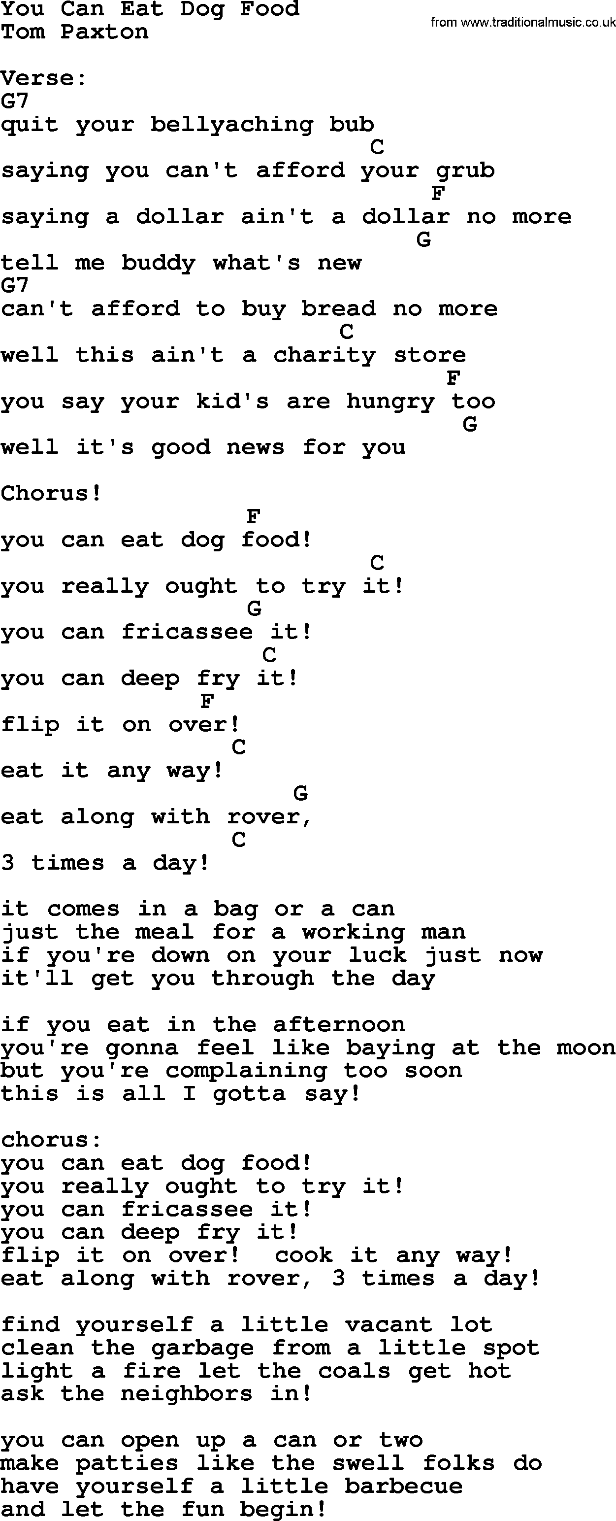 Tom Paxton song: You Can Eat Dog Food, lyrics and chords