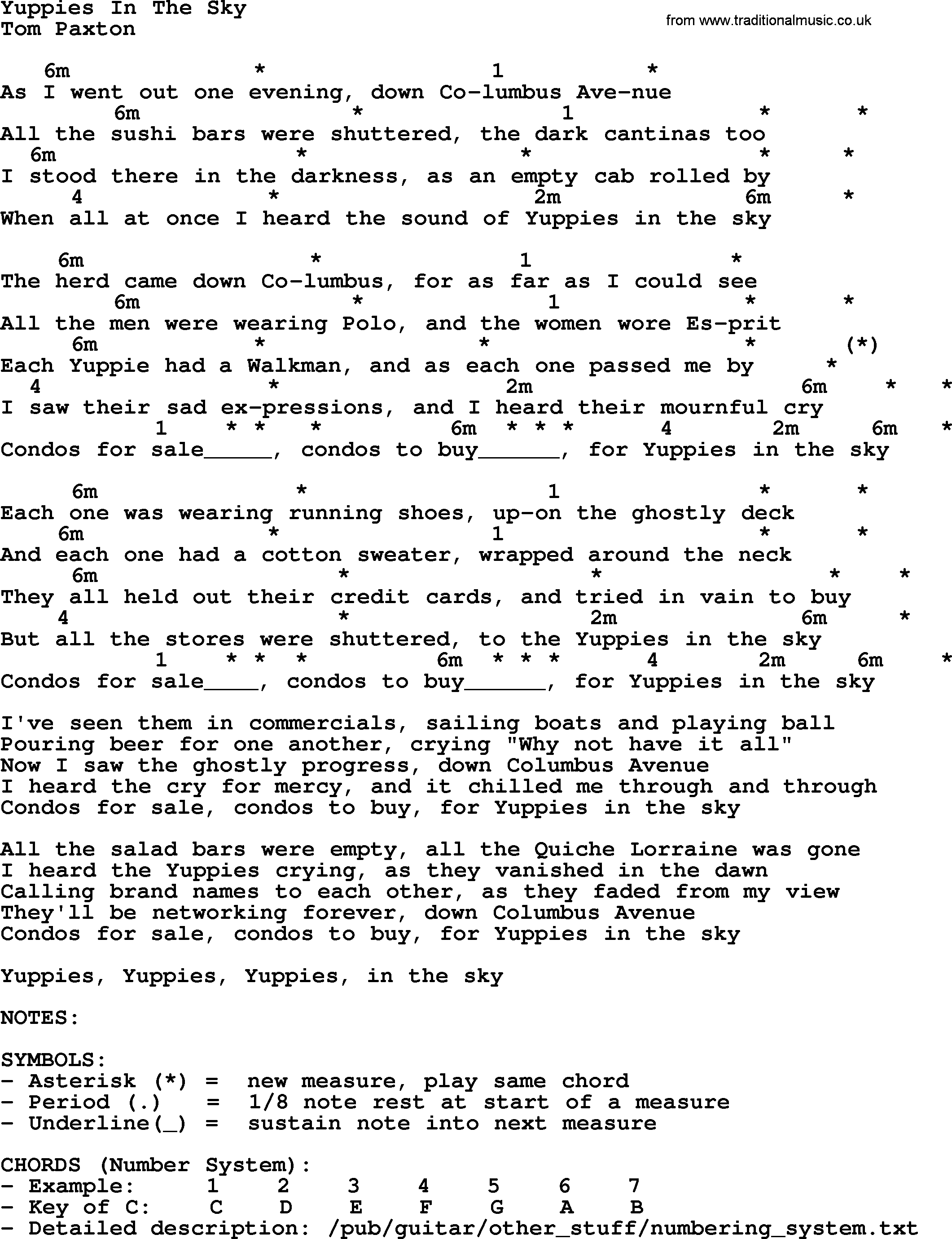 Tom Paxton song: Yuppies In The Sky, lyrics and chords