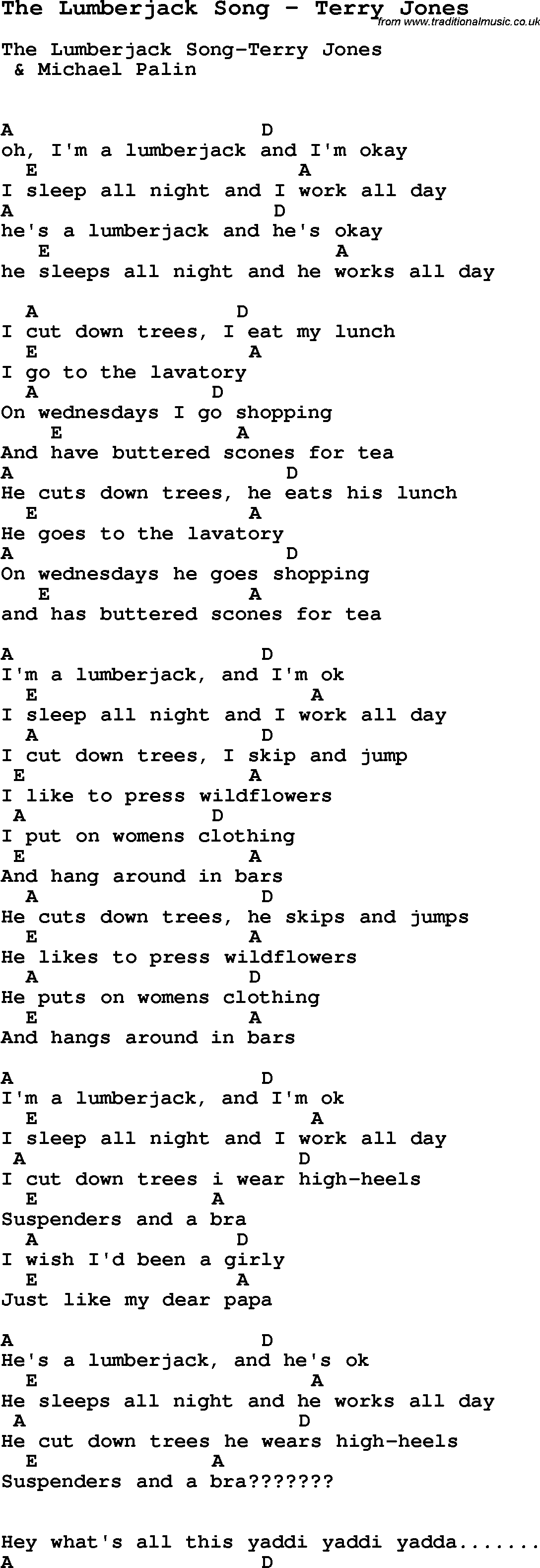 Song The Lumberjack Song by Terry Jones, with lyrics for vocal performance and accompaniment chords for Ukulele, Guitar Banjo etc.