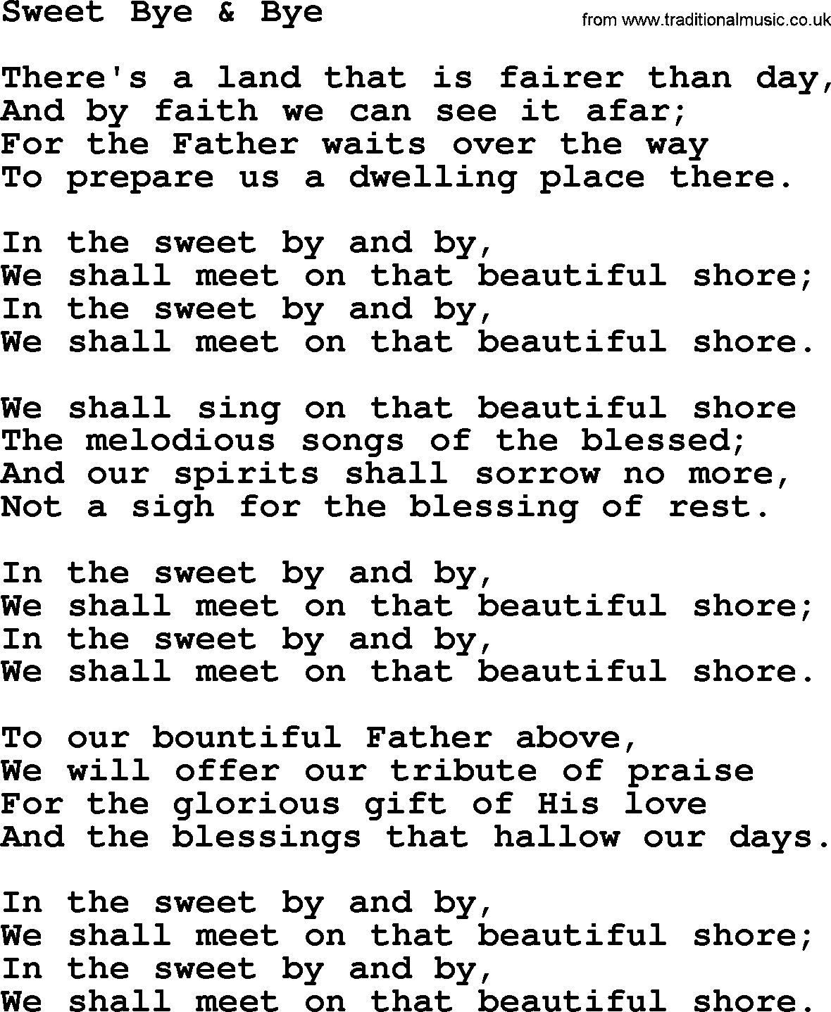 Willie Nelson song: Sweet Bye & Bye lyrics