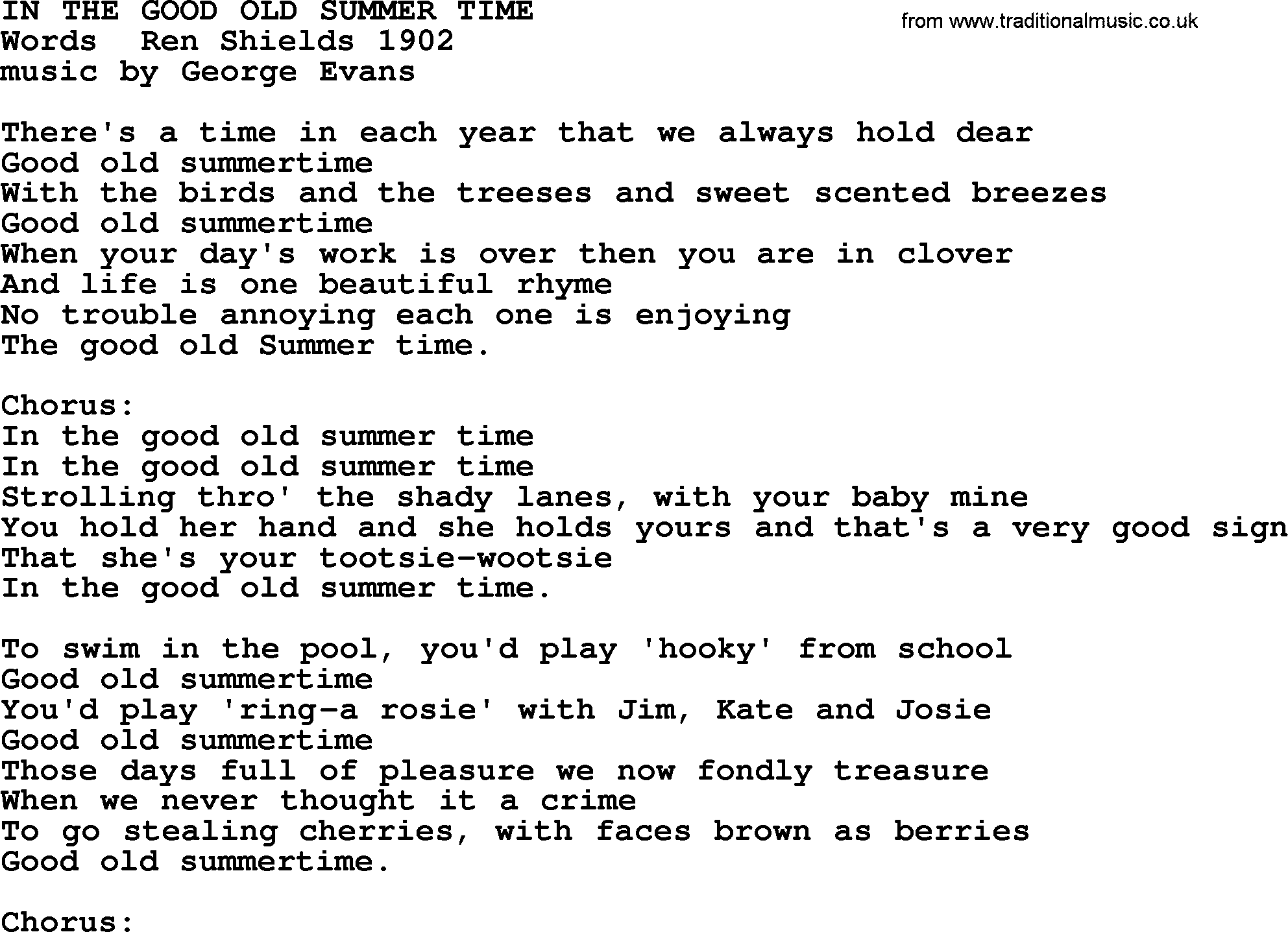 World War(WW1) One Song: In The Good Old Summer Time, lyrics and PDF