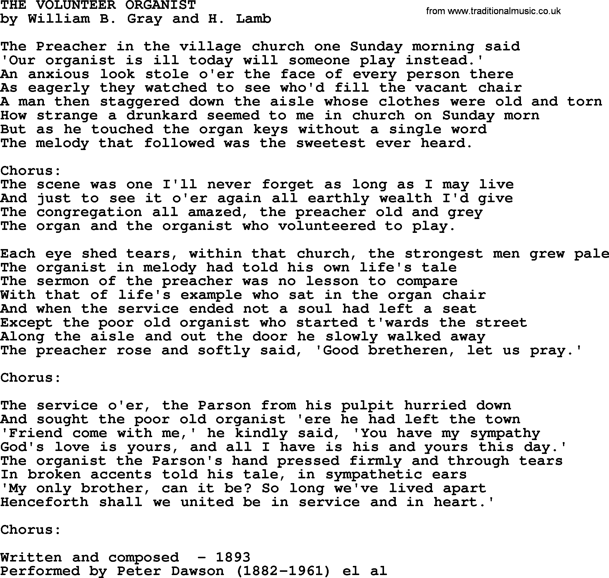World War(WW1) One Song: The Volunteer Organist, lyrics and PDF