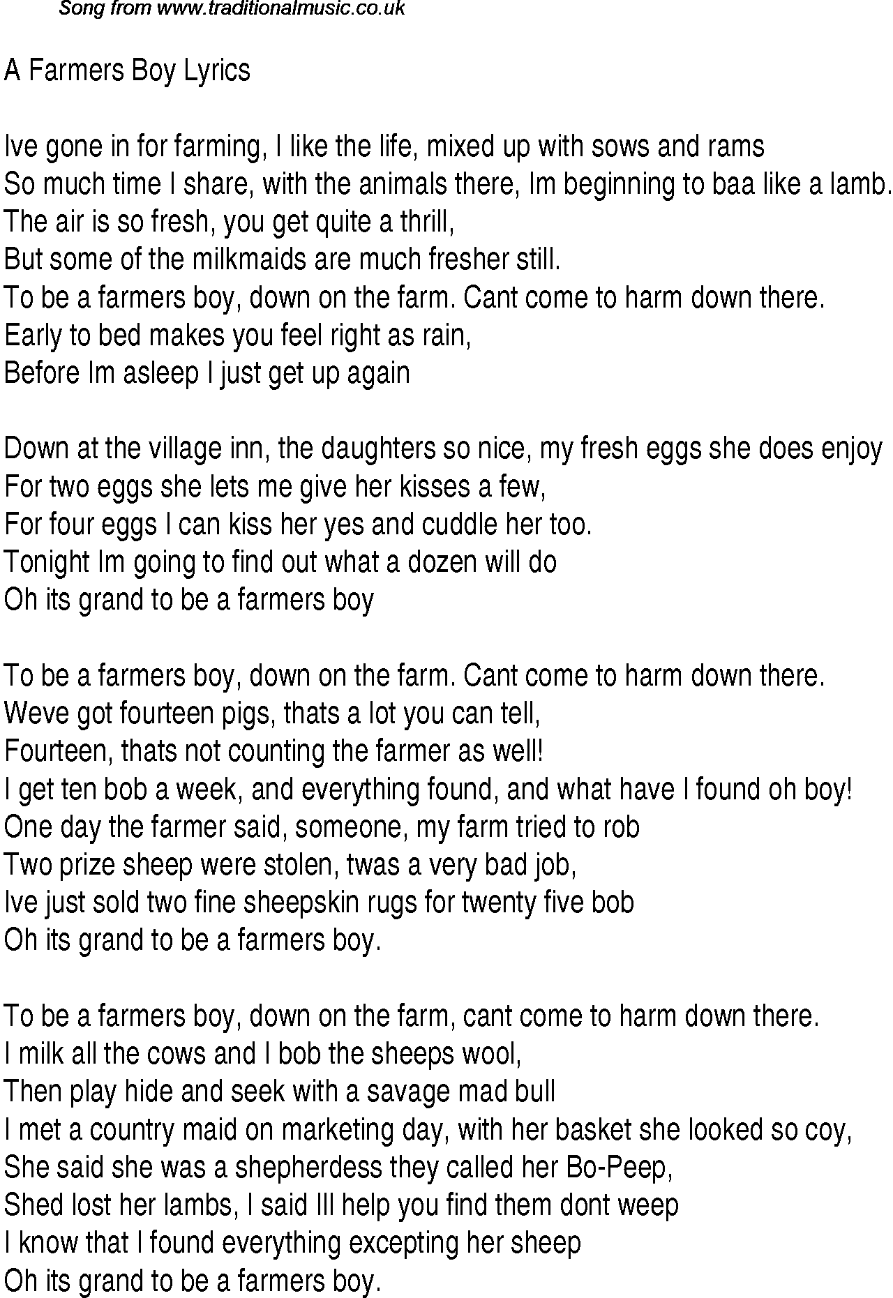 1940s top songs - lyrics for A Farmers Boy(George Formby)