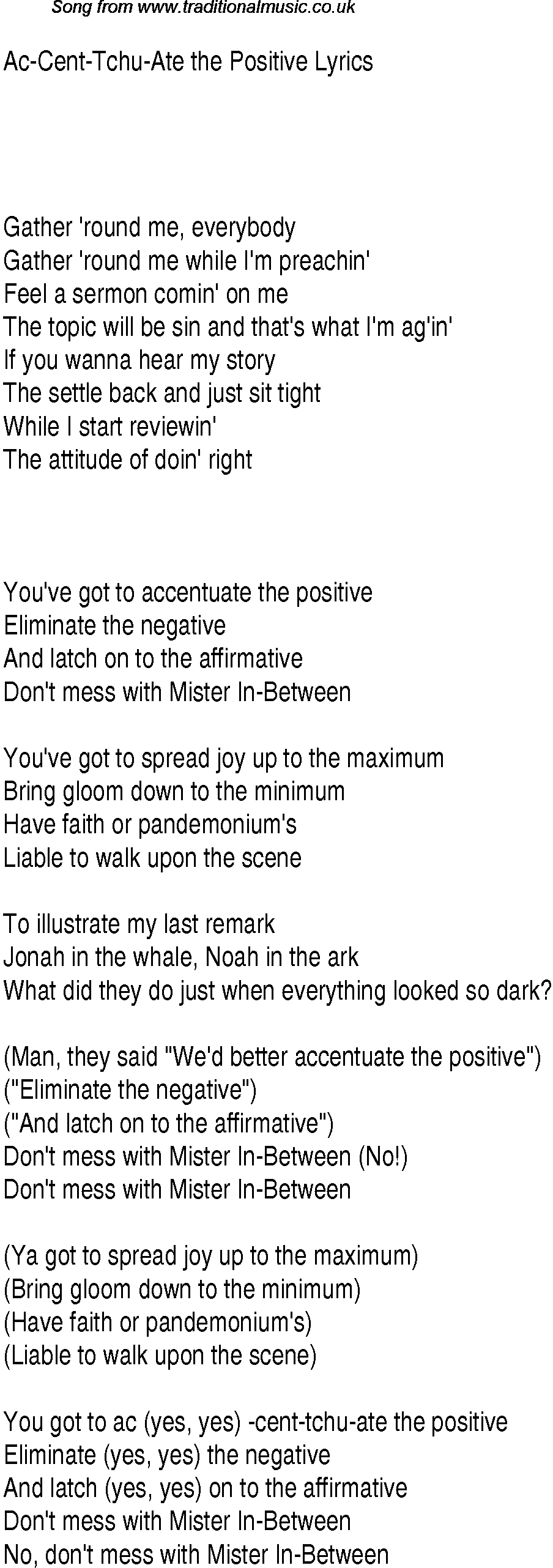 1940s top songs - lyrics for Ac Cent Tchu Ate The Positive(Andrews Sisters)