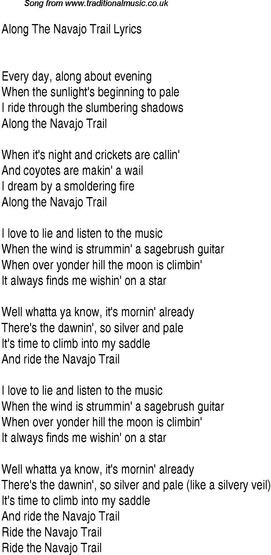 1940s top songs - lyrics for Along The Navajo Trail(Andrews Sisters)