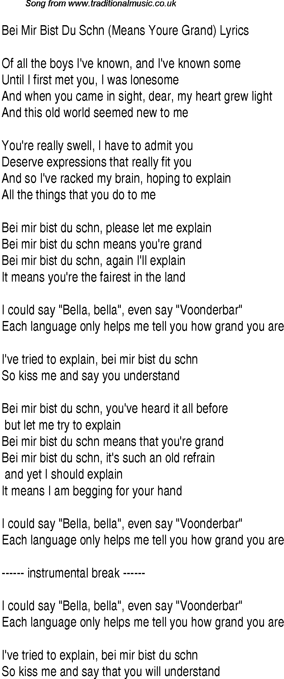 1940s top songs - lyrics for Bei Mir Bist Du Schn Means Youre Grand(Andrews Sisters)