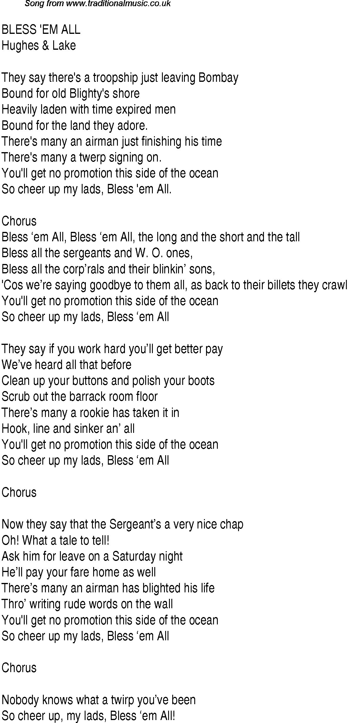 1940s top songs - lyrics for Bless 'em All