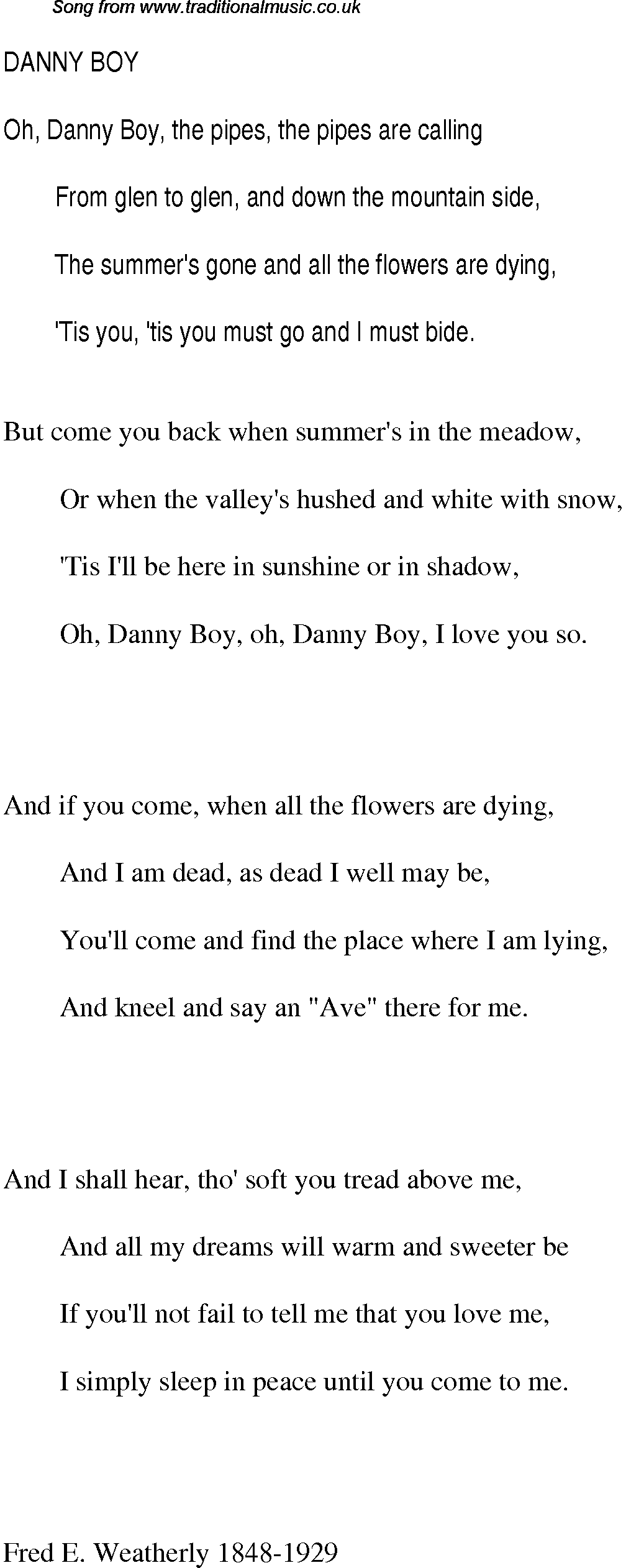 1940s top songs - lyrics for Danny Boy