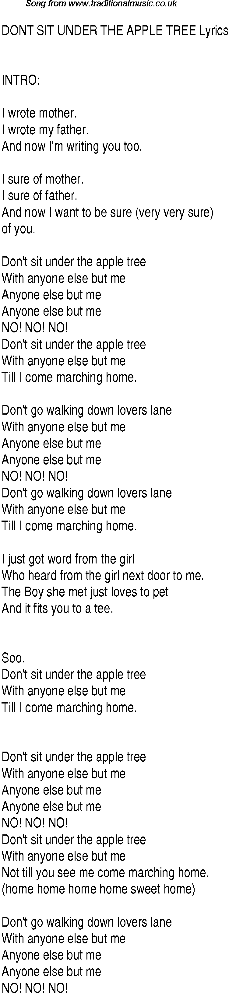1940s top songs - lyrics for Dont Sit Under The Apple Tree(Andrews Sisters)