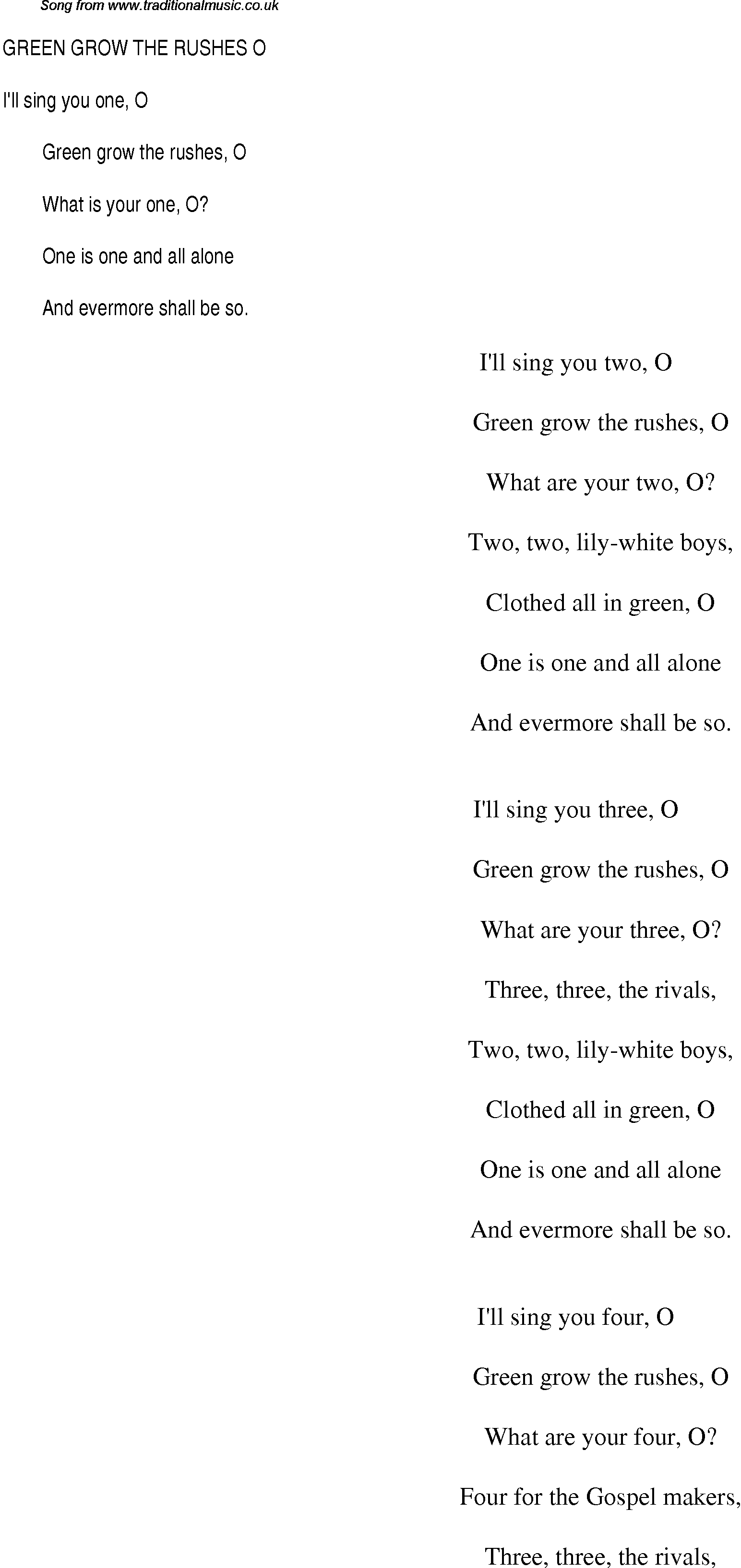 1940s top songs - lyrics for Green Grow The Rushes O