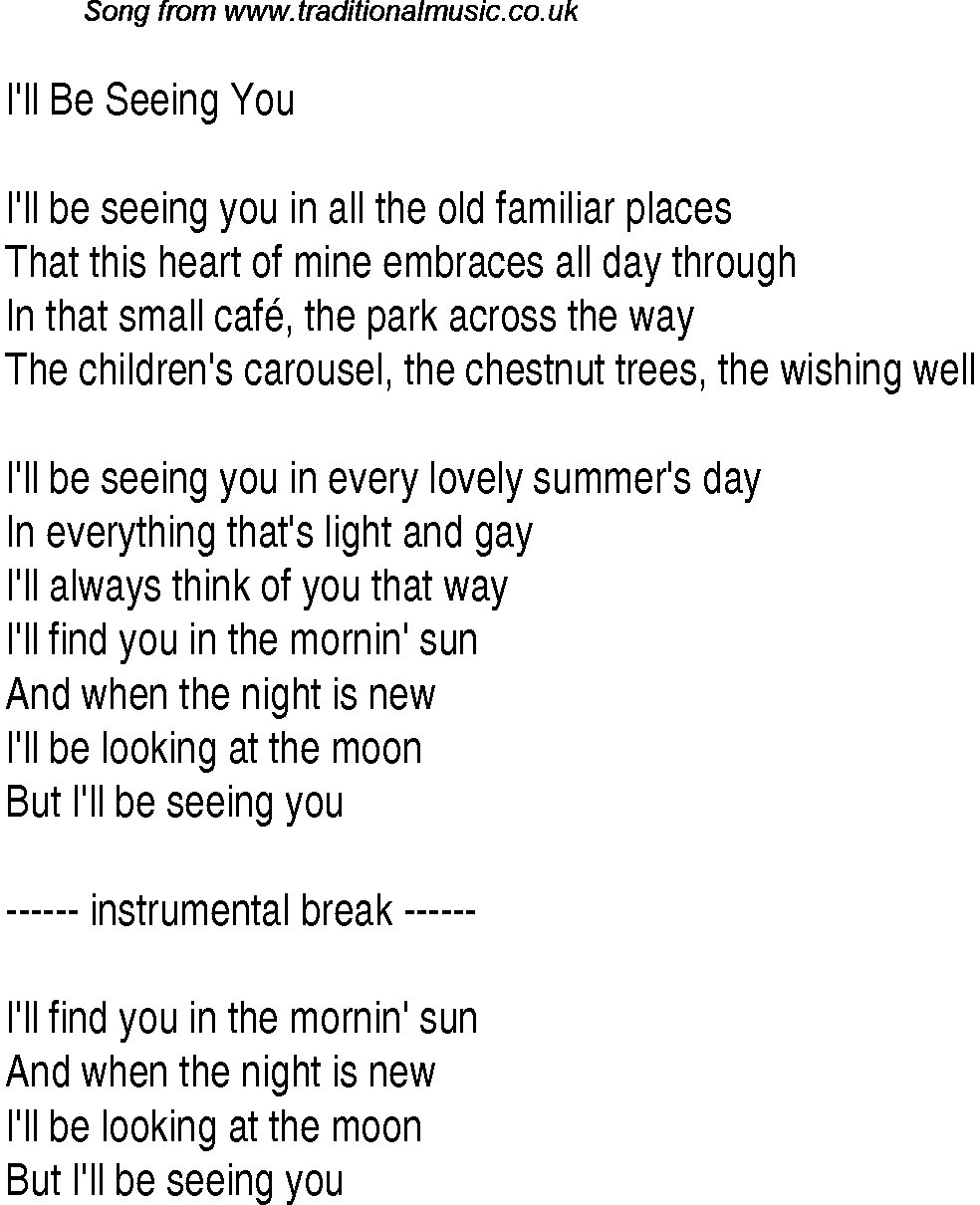 1940s top songs - lyrics for I'll Be Seeing You