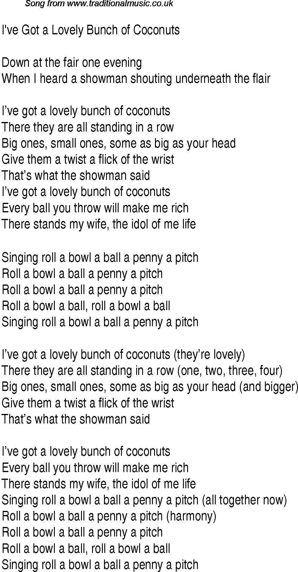 1940s top songs - lyrics for I've Got a Lovely Bunch of Coconuts