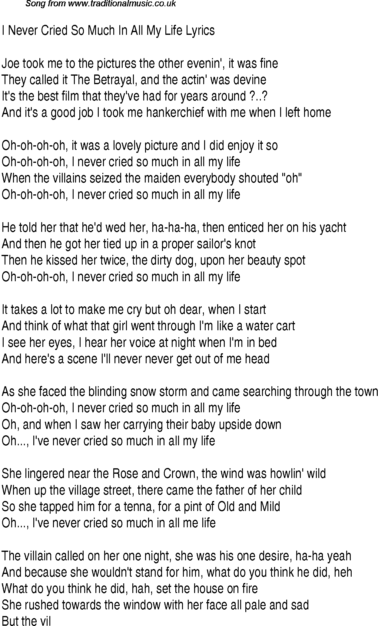 1940s top songs - lyrics for I Never Cried So Much In All My Life(Gracie Fields)