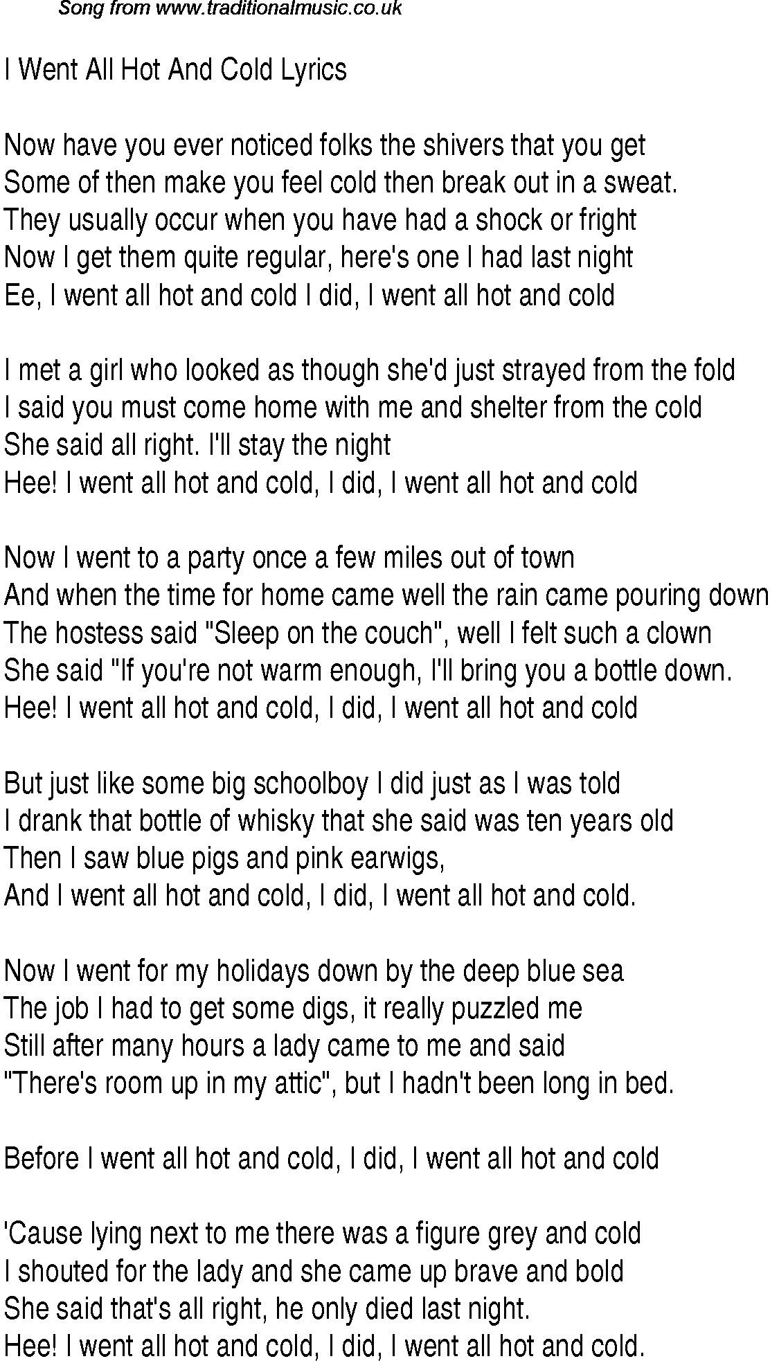 1940s top songs - lyrics for I Went All Hot And Cold(George Formby)