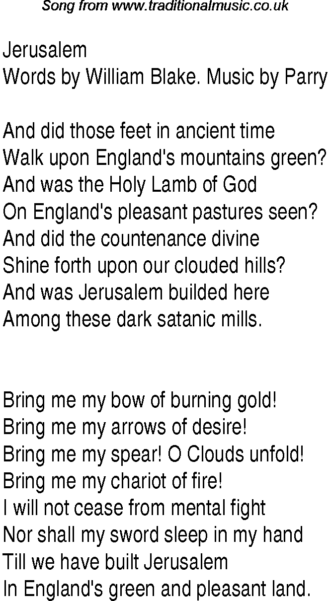 1940s top songs - lyrics for Jerusalem