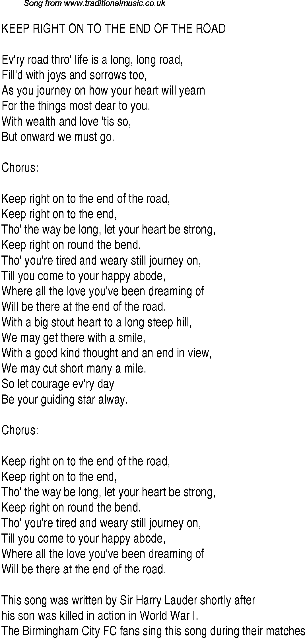 1940s top songs - lyrics for Keep Right On To The End Of The Road
