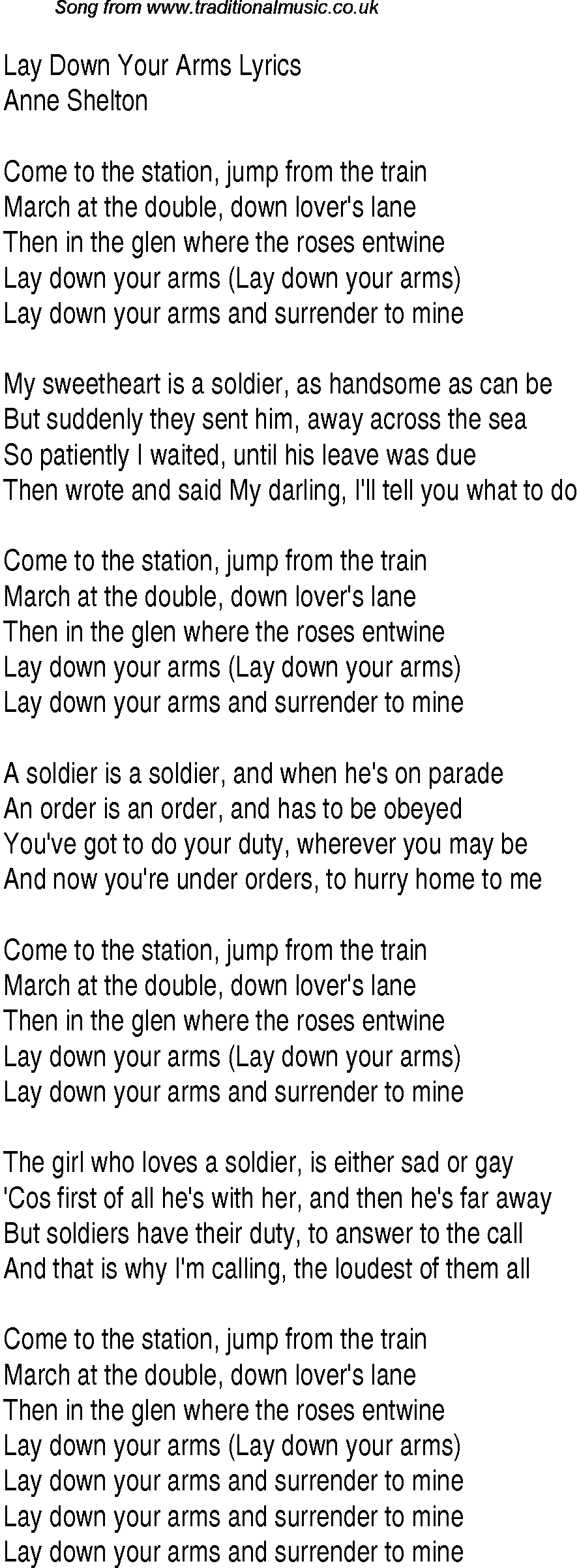 1940s top songs - lyrics for Lay Down Your Arms(Anne Shelton)