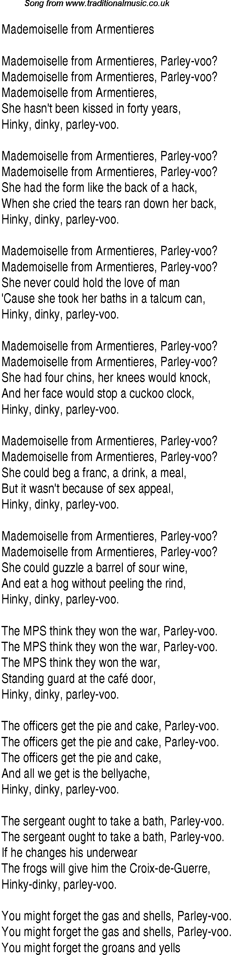1940s top songs - lyrics for Mademoiselle From Armentieres