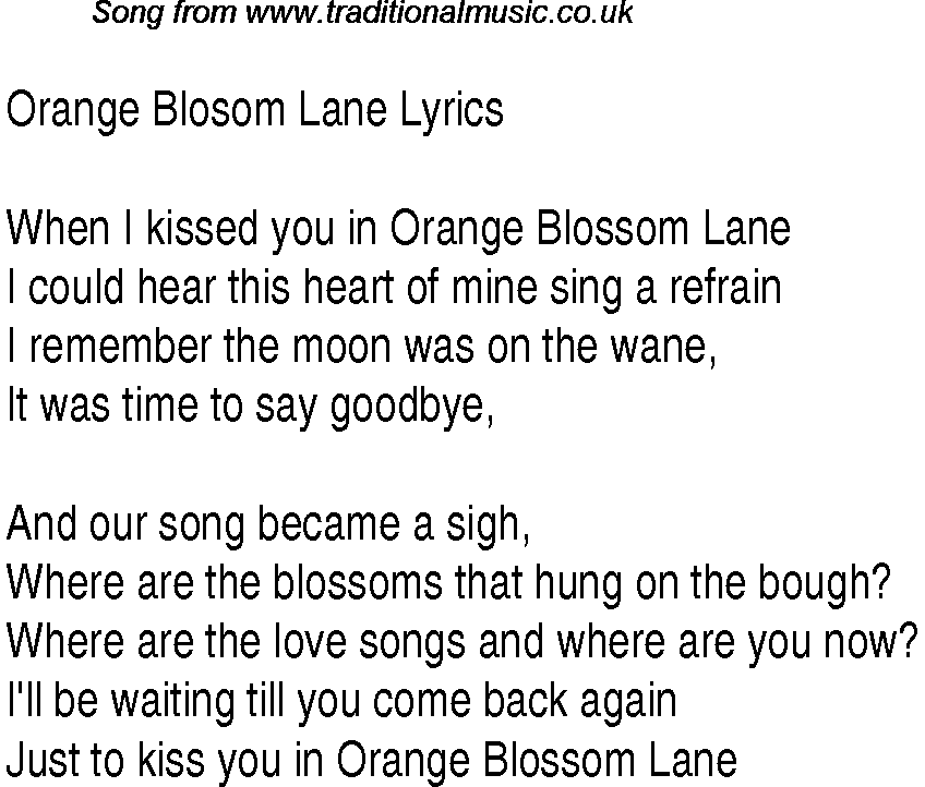 1940s top songs - lyrics for Orange Blosom Lane(Glen Miller)