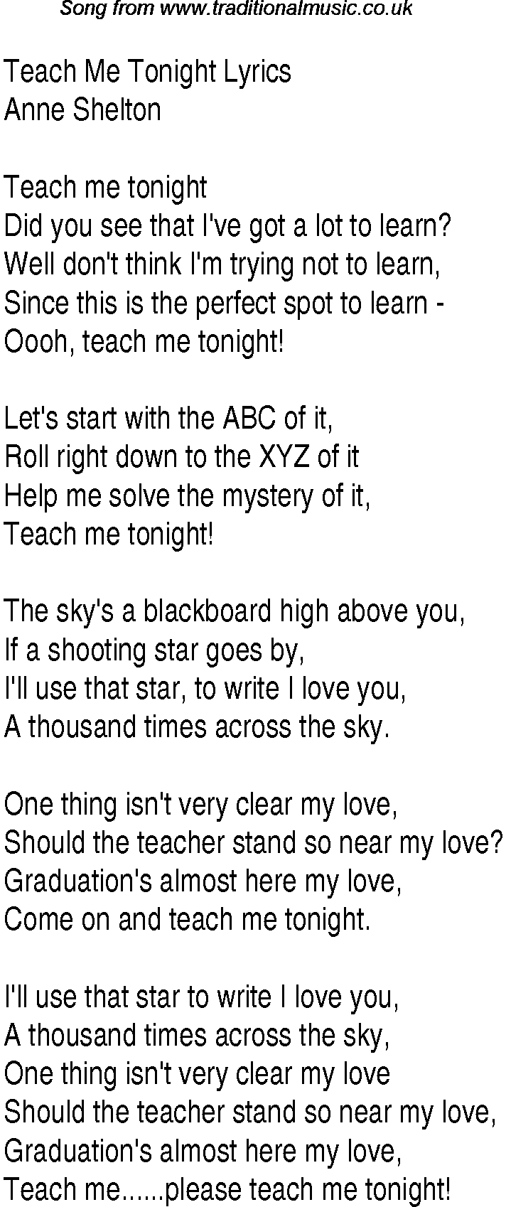 1940s top songs - lyrics for Teach Me Tonight(Anne Shelton)