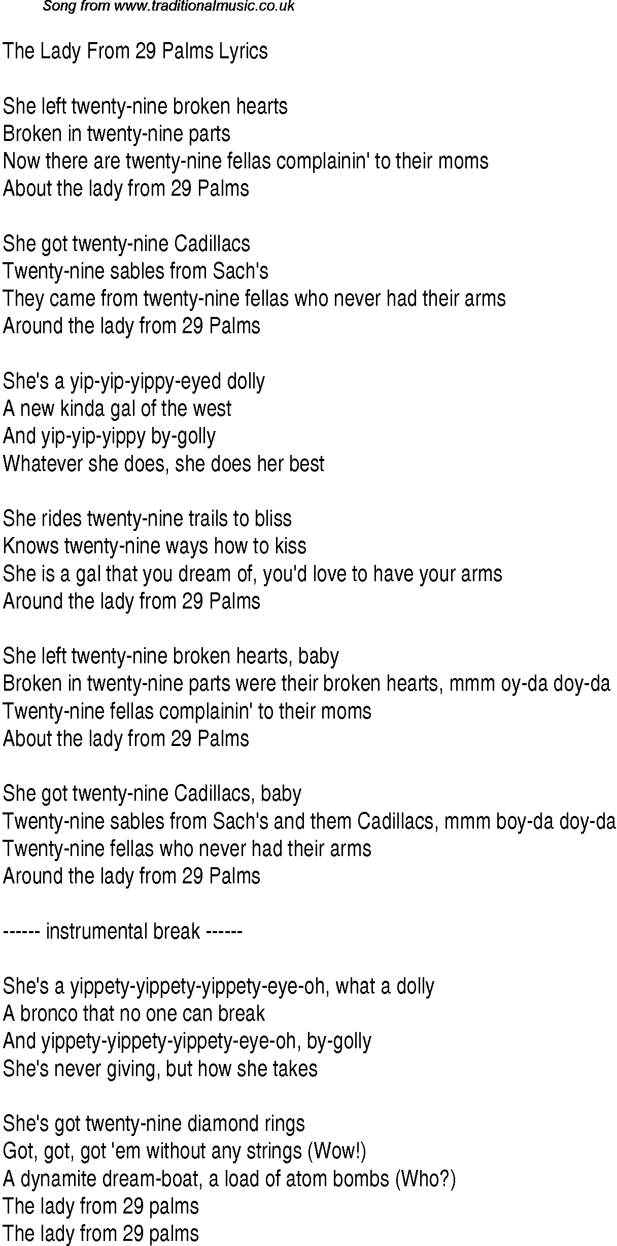 1940s top songs - lyrics for The Lady From 29 Palms(Andrews Sisters)