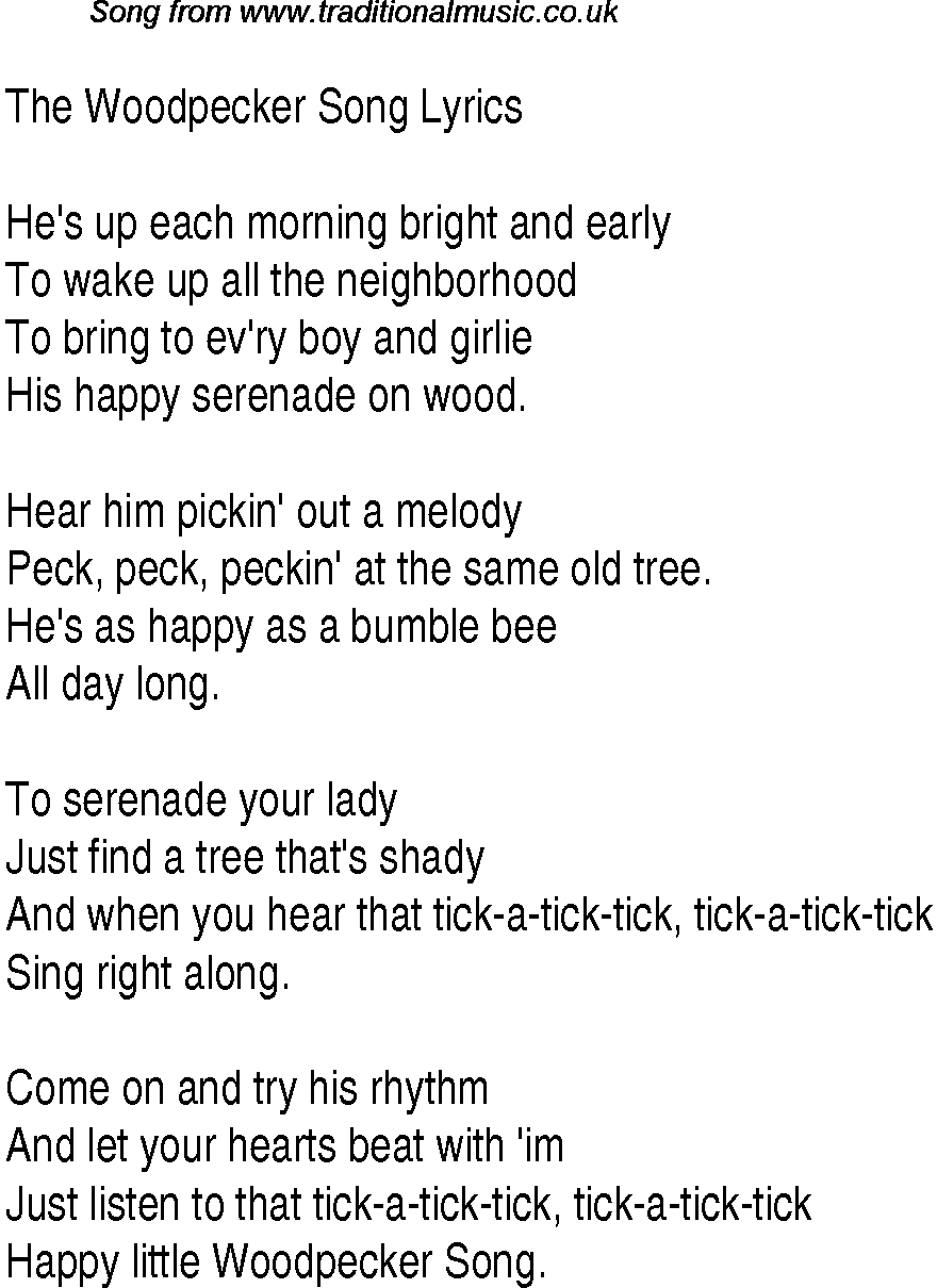 1940s top songs - lyrics for The Woodpecker Song(Glen Miller)