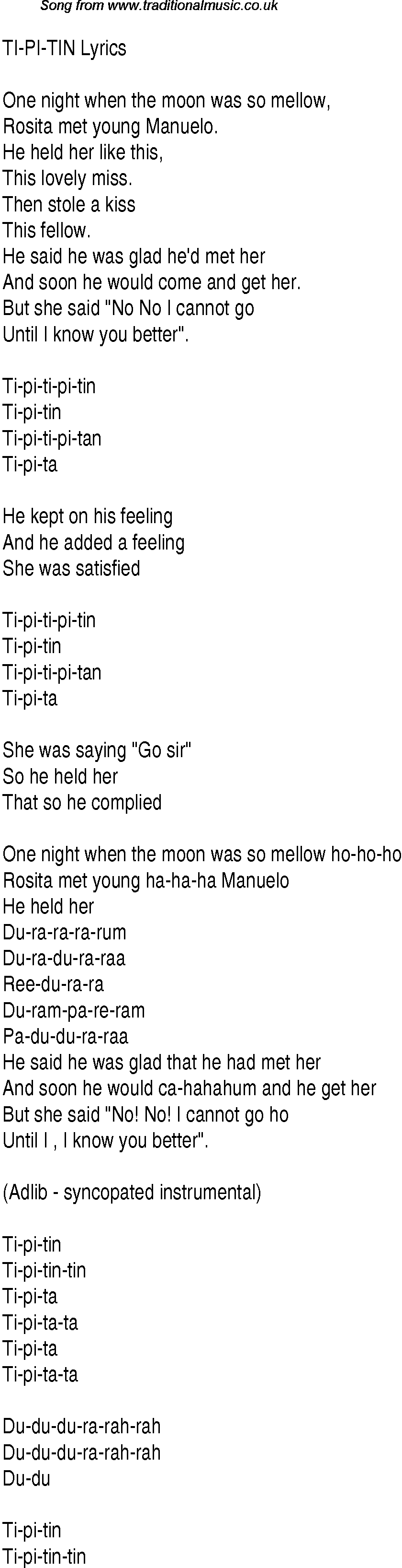1940s top songs - lyrics for Ti Pi Tin(Andrews Sisters)