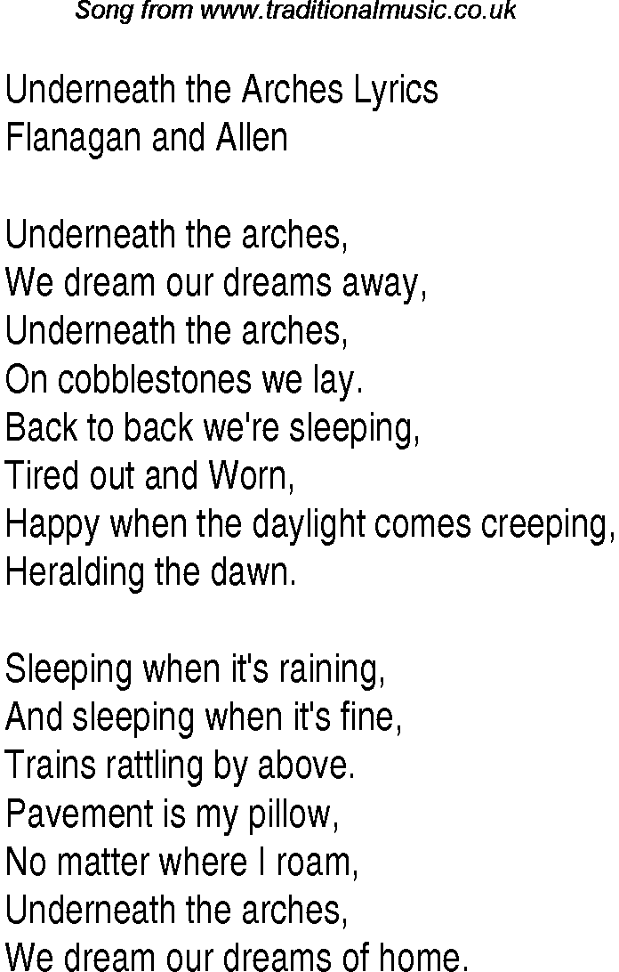 1940s top songs - lyrics for Underneath The Arches(Flanagan Allen)