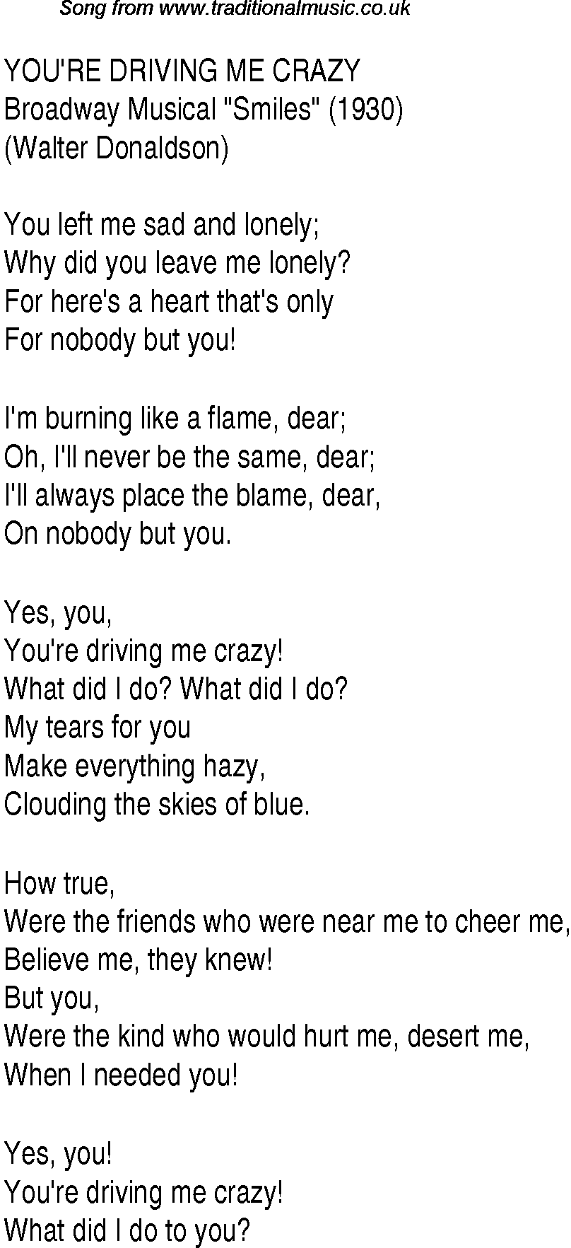 1940s top songs - lyrics for You're Driving Me Crazy