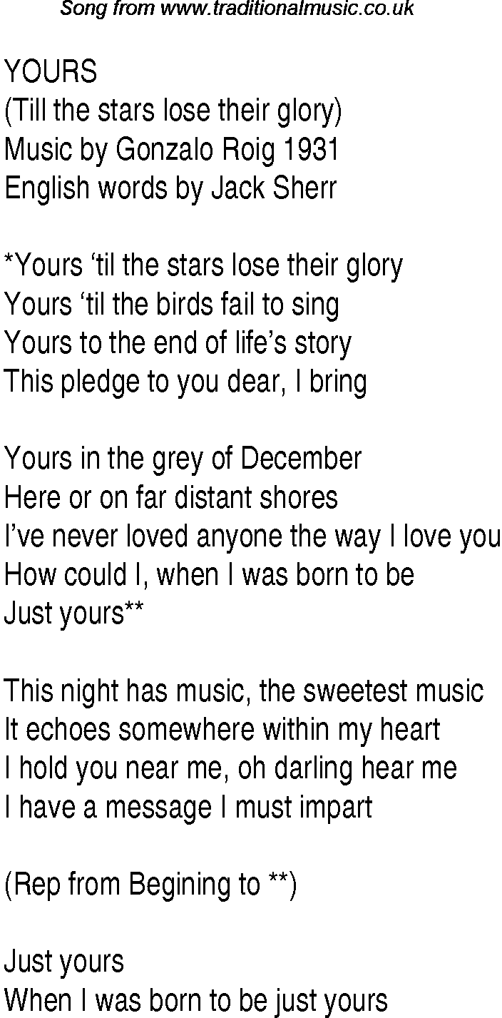 1940s top songs - lyrics for Yours