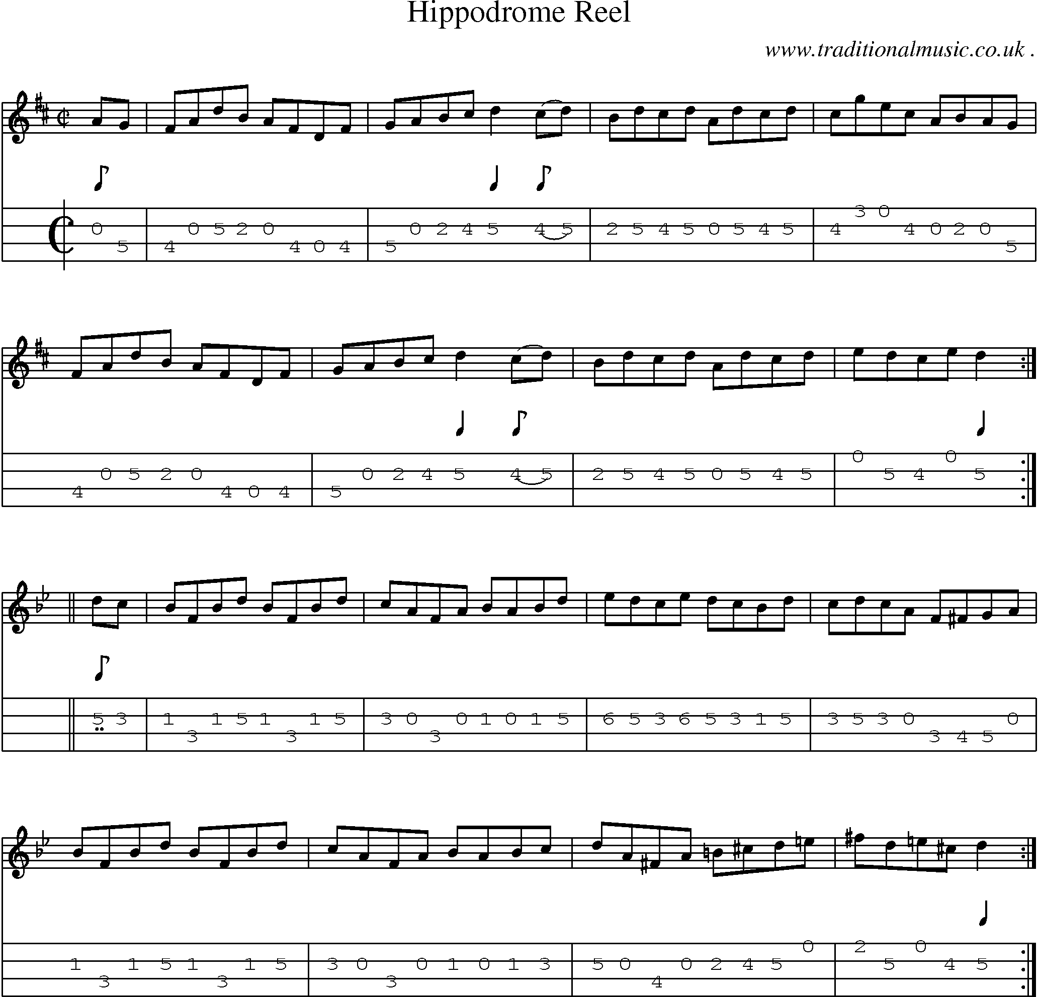 Music Score and Mandolin Tabs for Hippodrome Reel