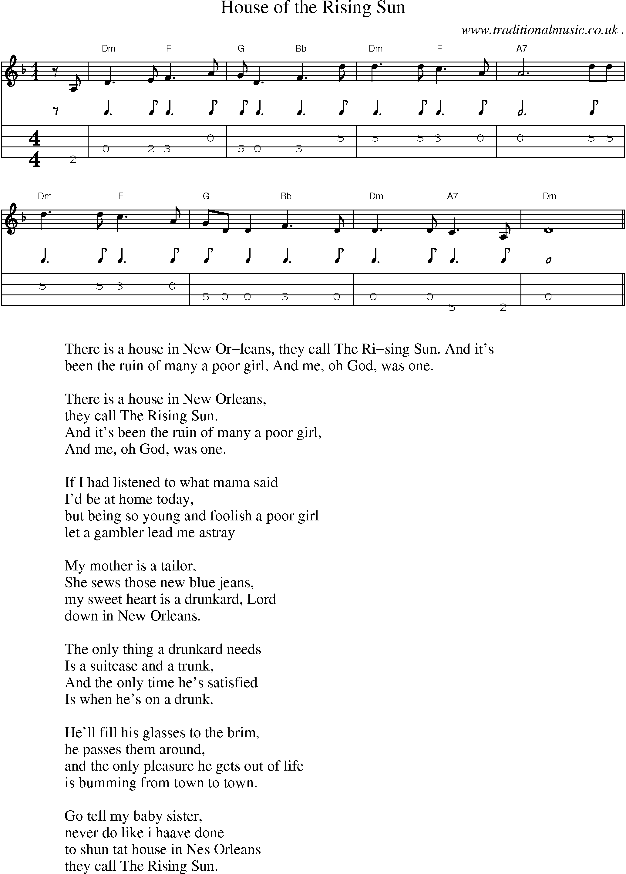 Music Score and Mandolin Tabs for House Of The Rising Sun