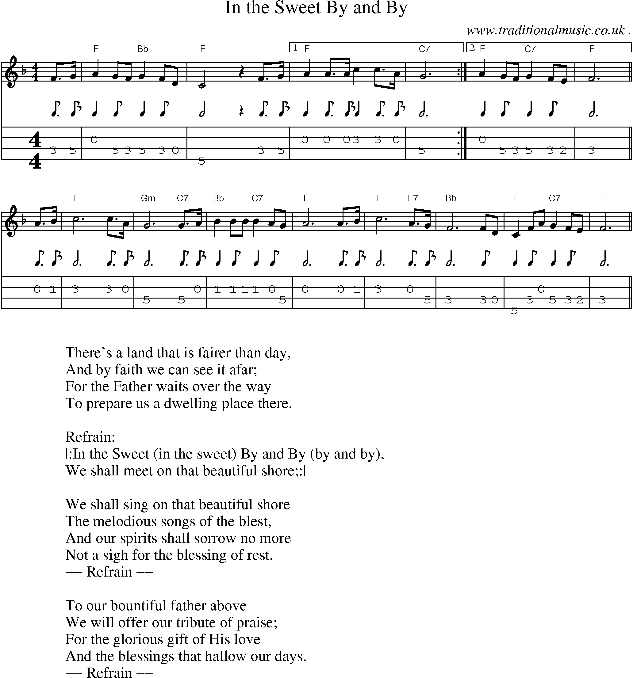 Music Score and Mandolin Tabs for In The Sweet By And By
