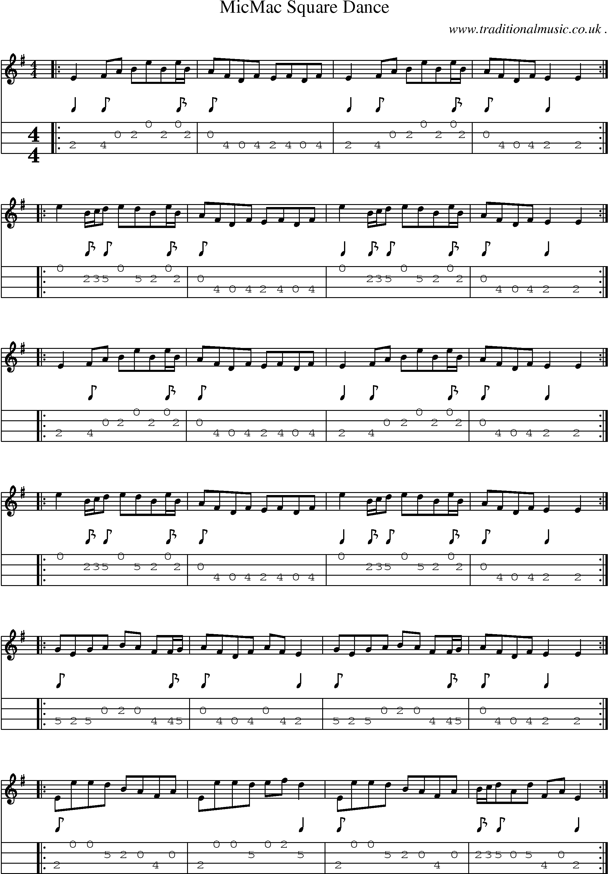 Music Score and Mandolin Tabs for Micmac Square Dance