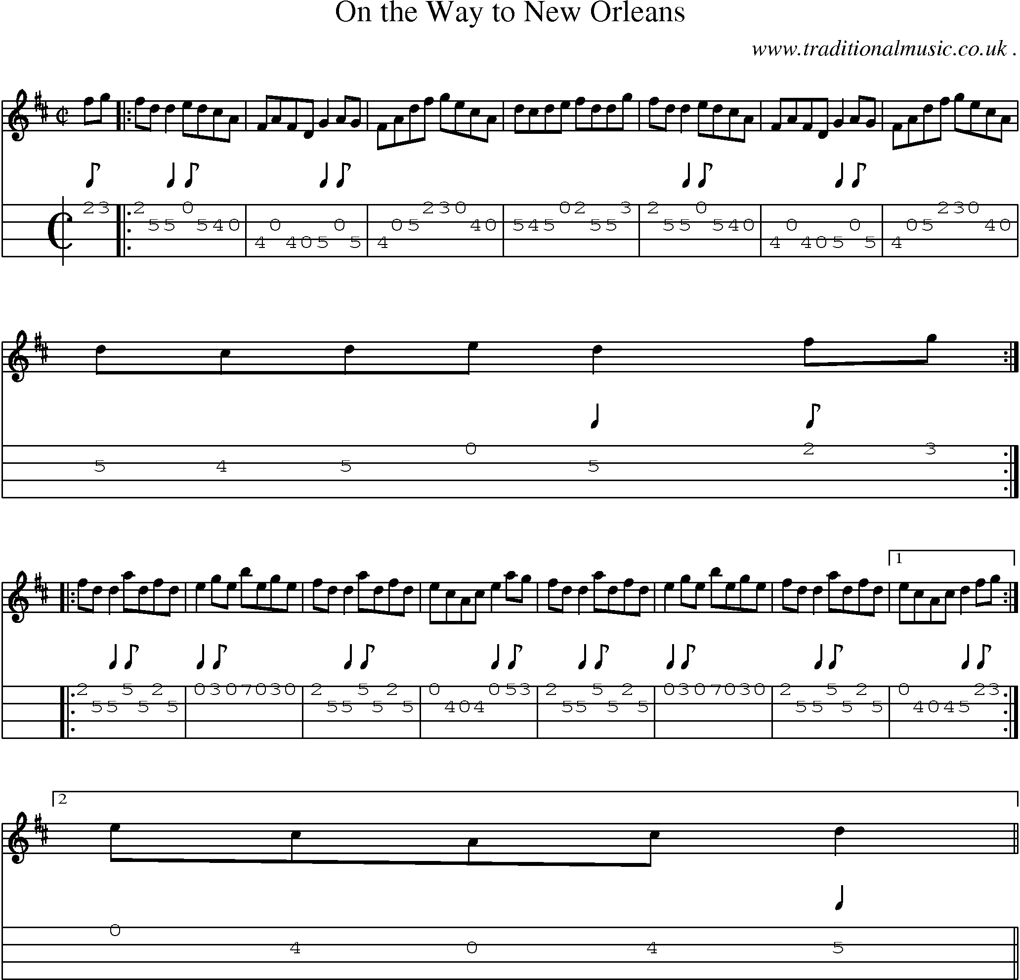 Music Score and Mandolin Tabs for On The Way To New Orleans