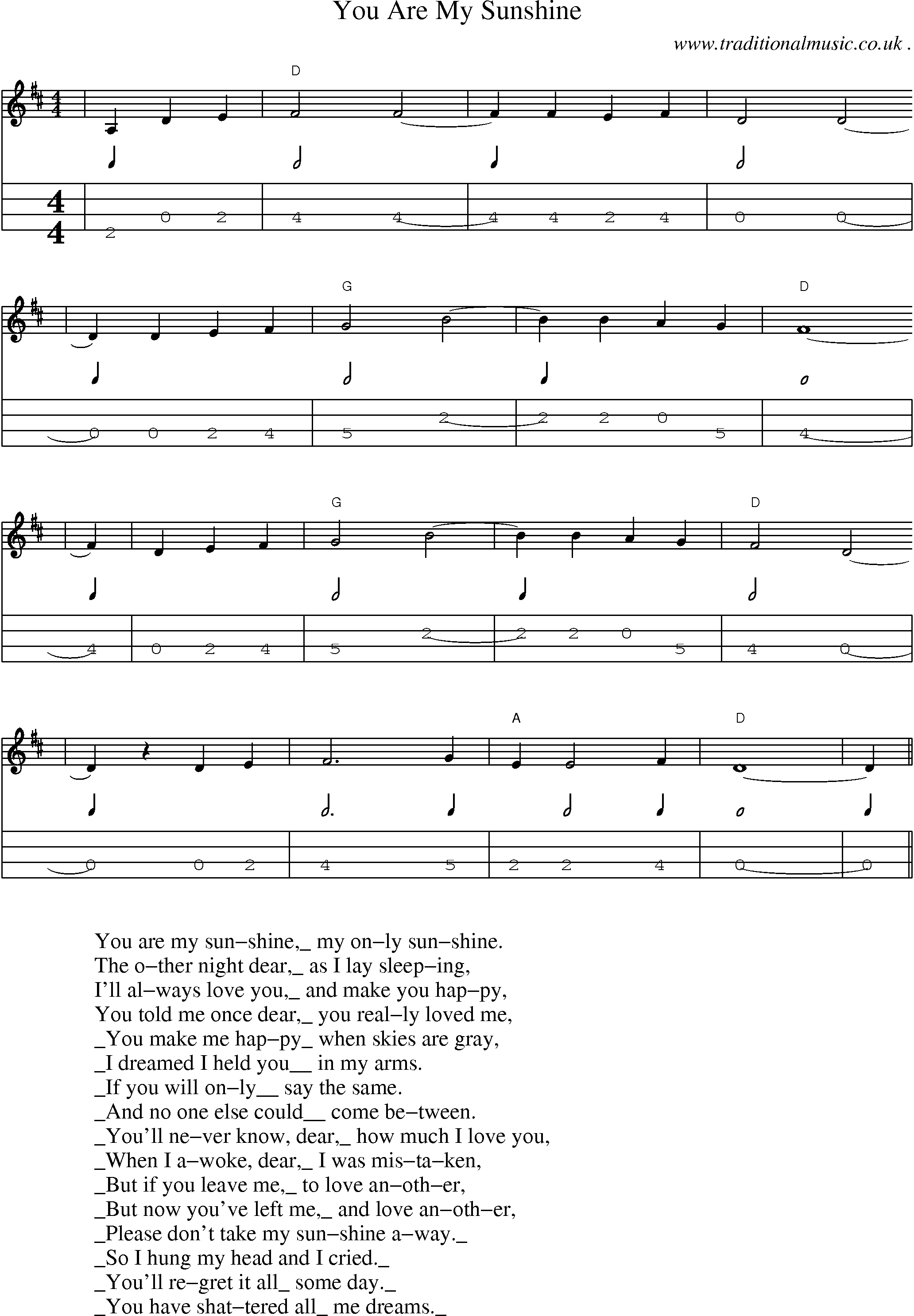 Music Score and Mandolin Tabs for You Are My Sunshine
