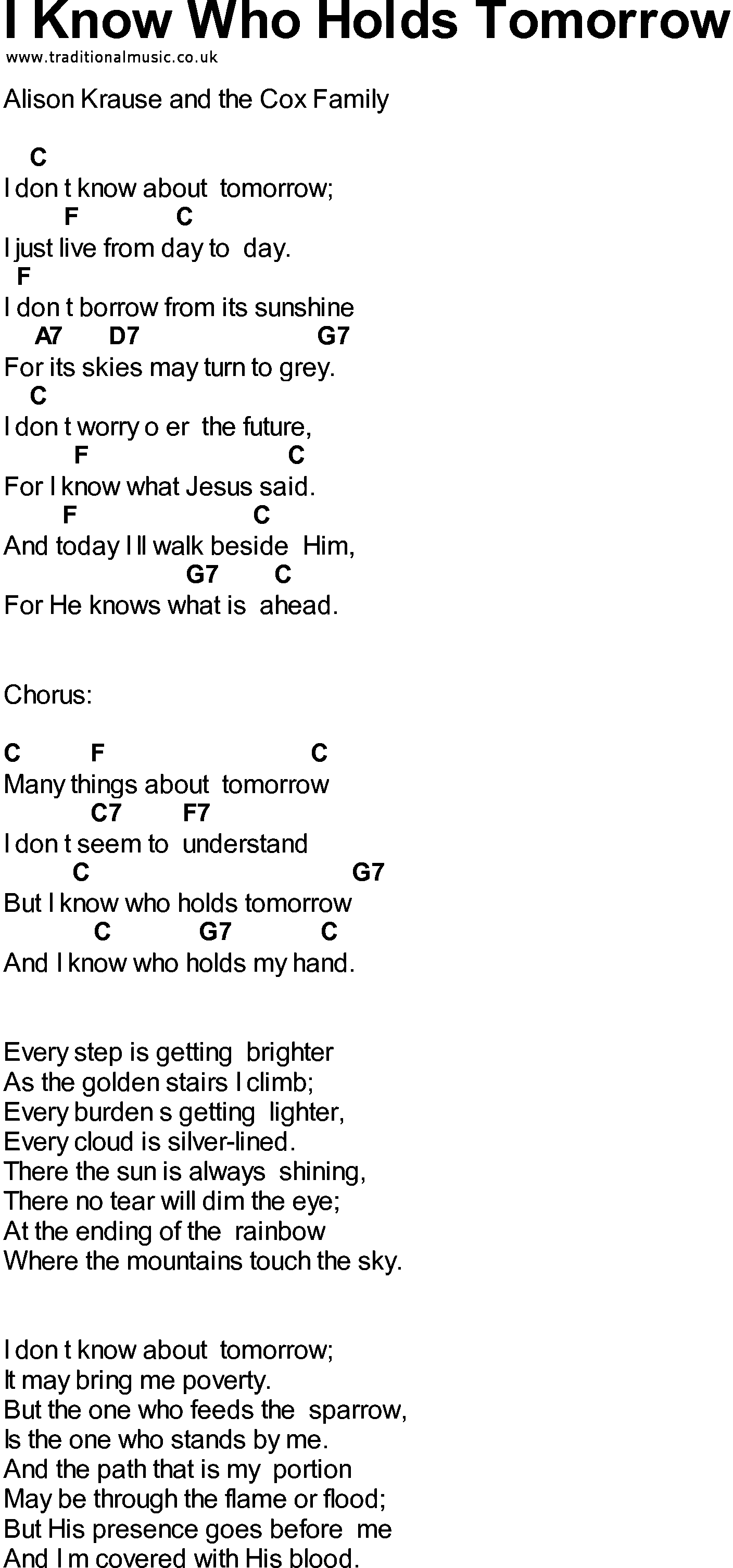 Bluegrass songs with chords - I Know Who Holds Tomorrow