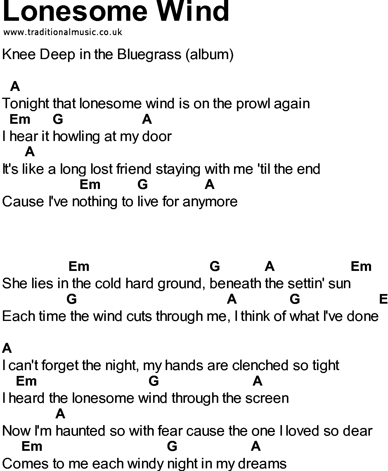 Bluegrass songs with chords - Lonesome Wind