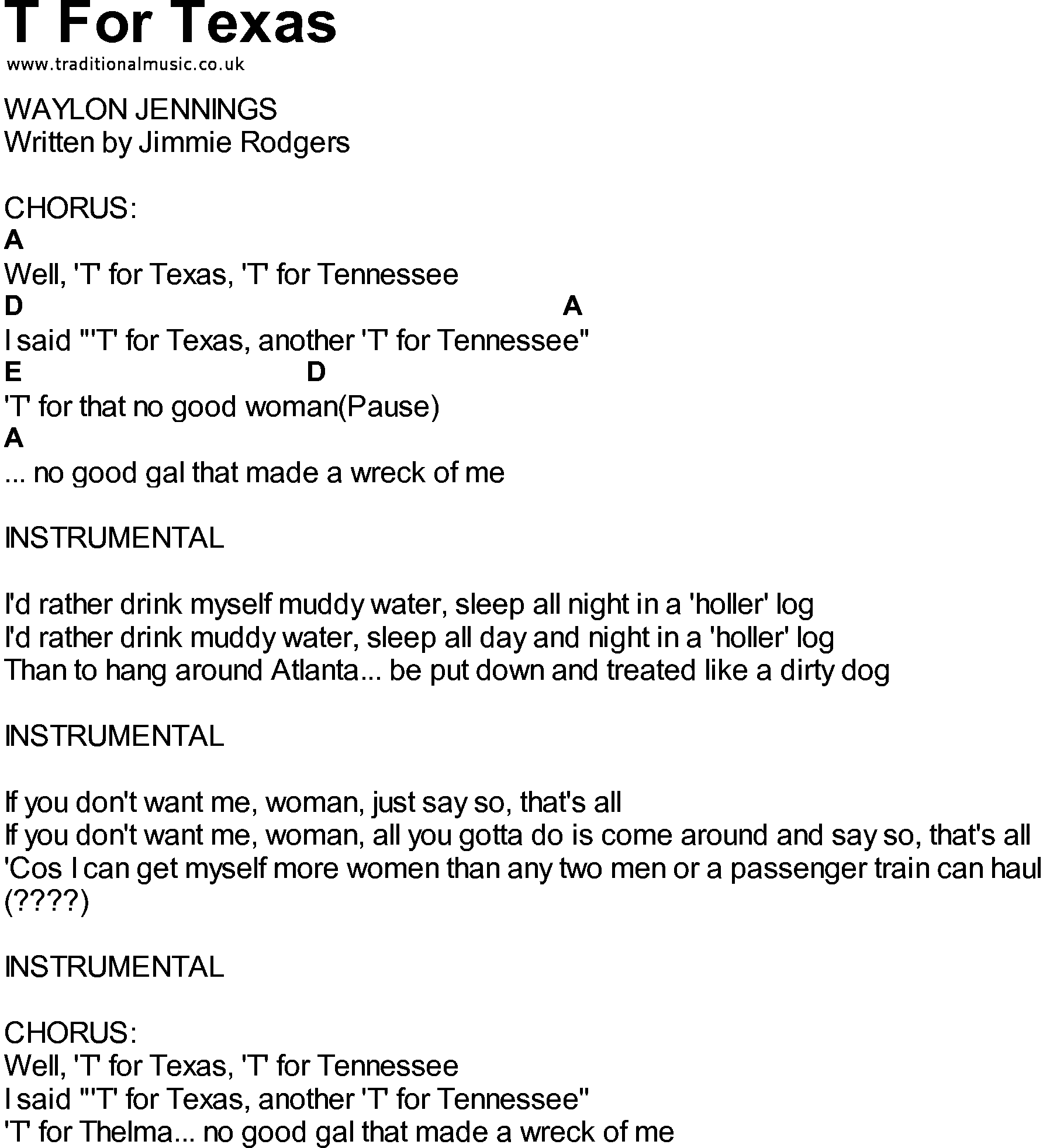 Bluegrass songs with chords - T For Texas