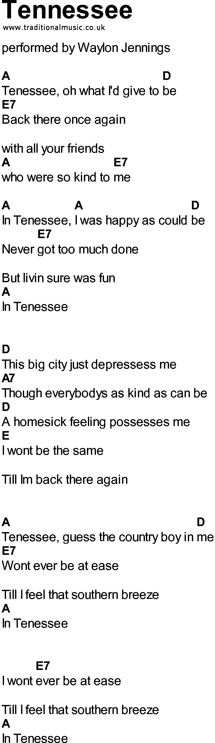 Bluegrass songs with chords - Tennessee