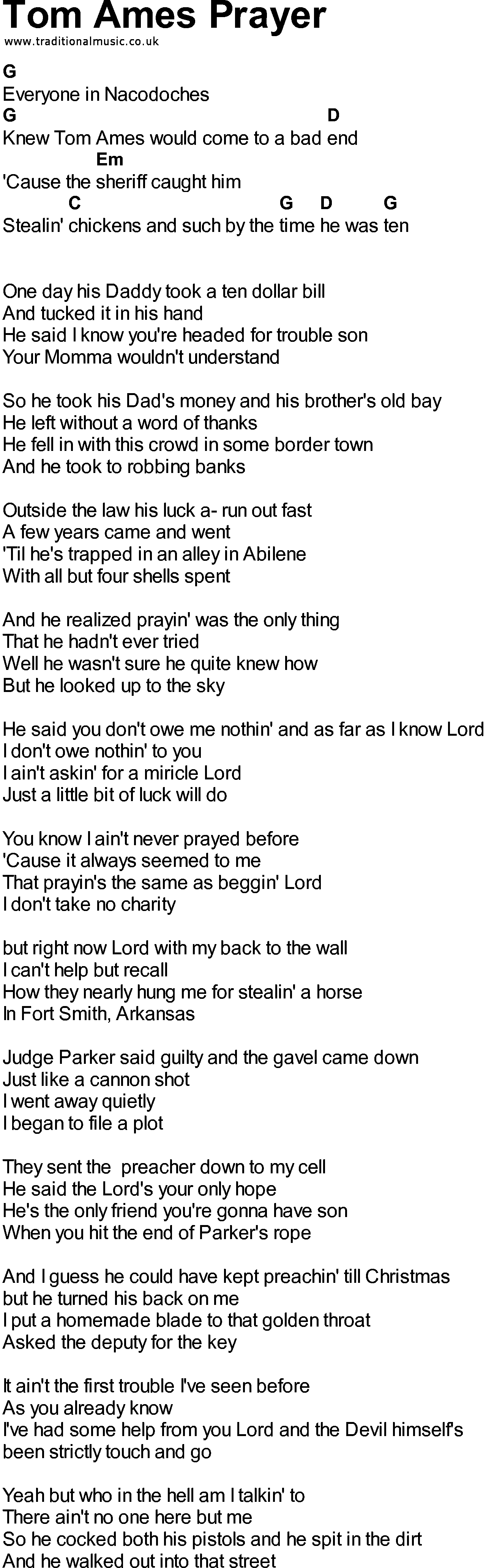 Bluegrass songs with chords - Tom Ames Prayer