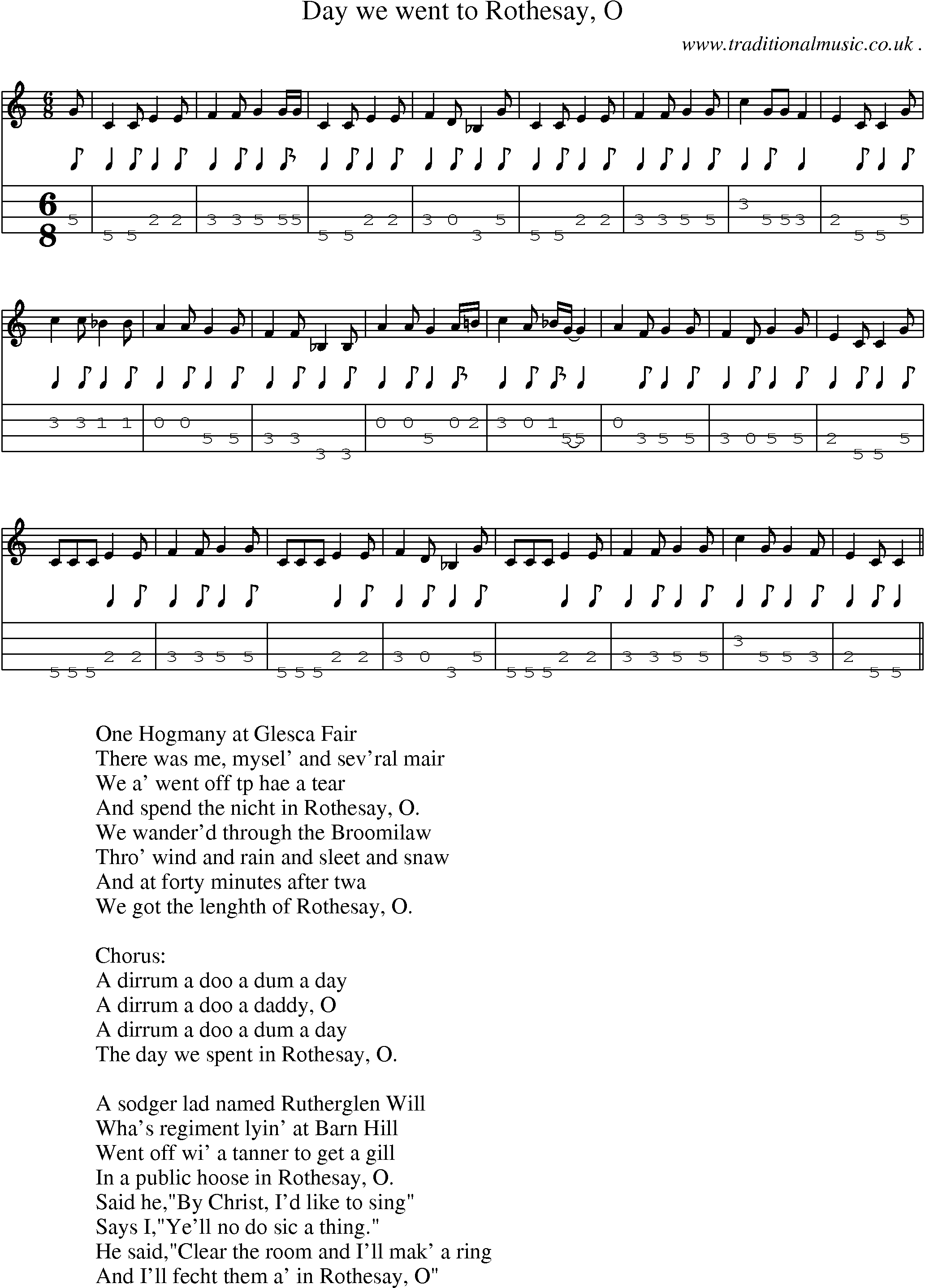 Sheet-Music and Mandolin Tabs for Day We Went To Rothesay O