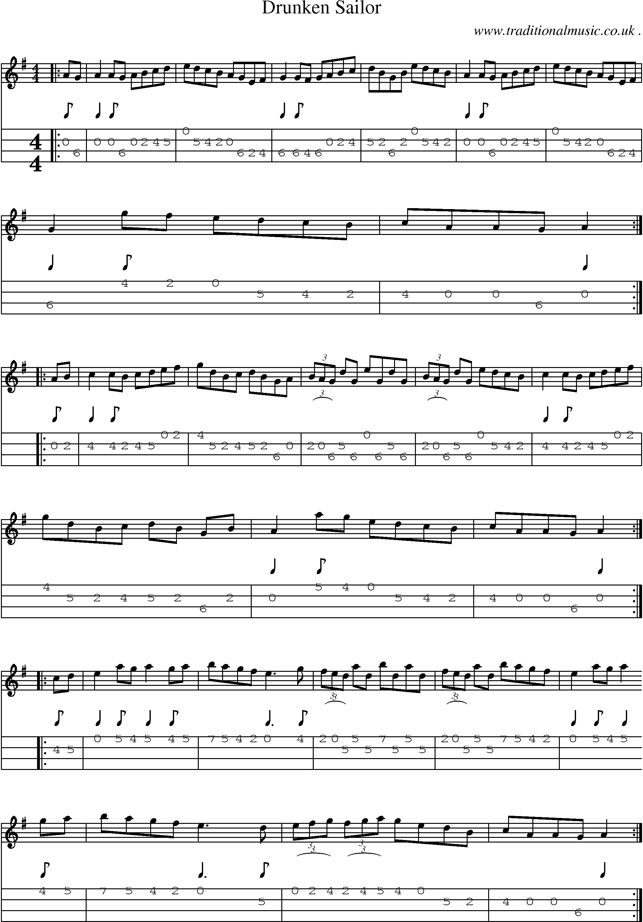Sheet-Music and Mandolin Tabs for Drunken Sailor